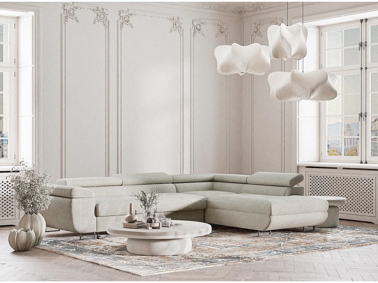 Canapé d'angle convertible Concord im tissu de velours - 5 places - creme