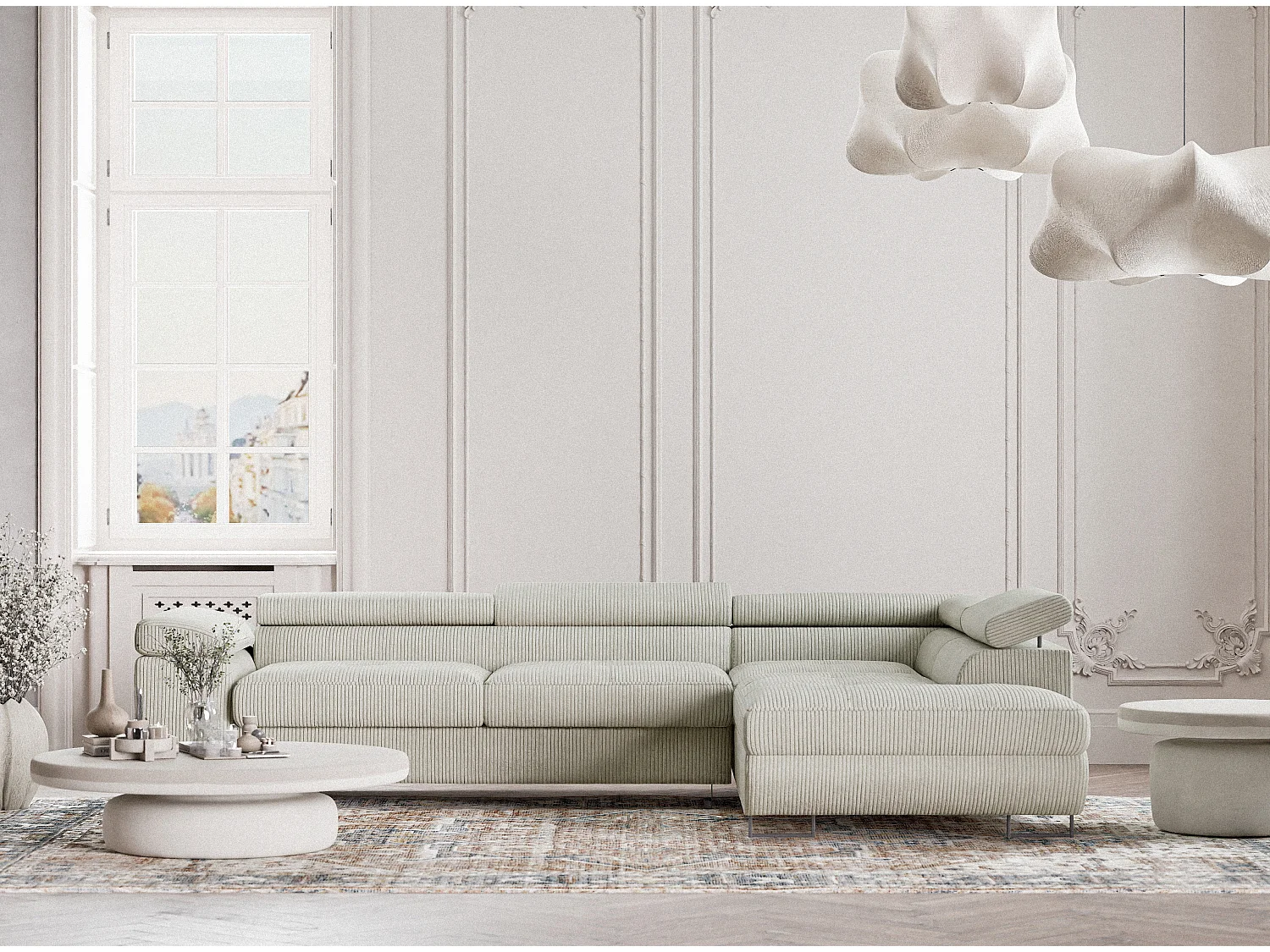 Canapé d'angle convertible Concord im tissu de velours - 5 places - creme