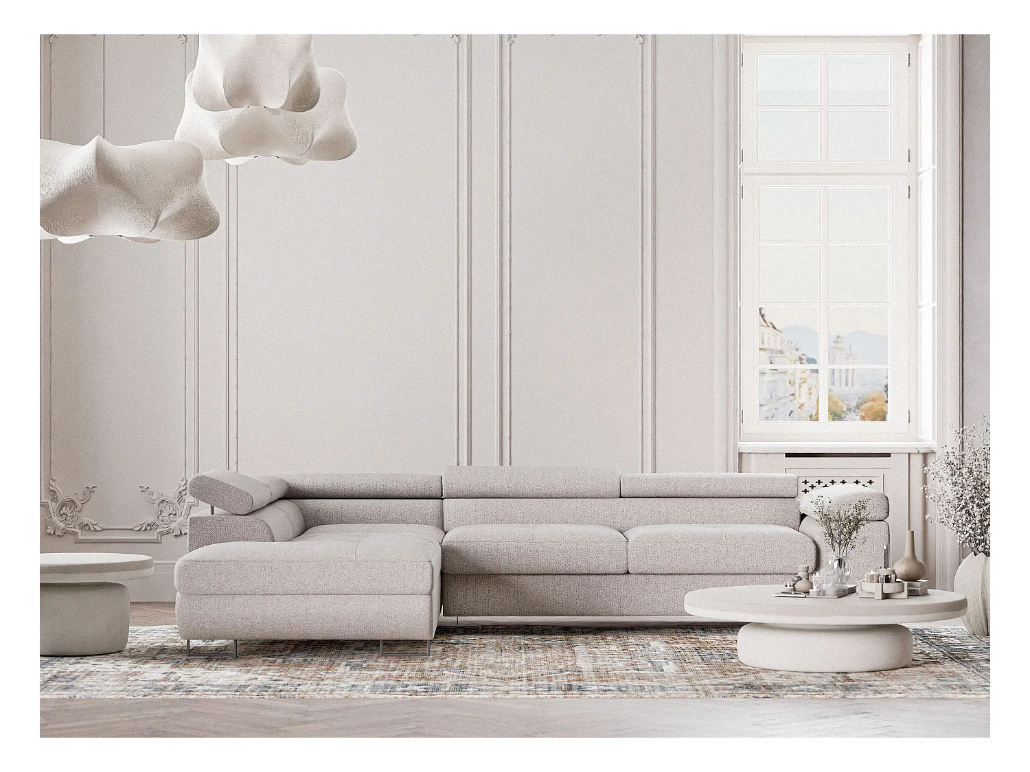 Canapé d'angle convertible Concord im tissu tresse - 5 places - beige clair