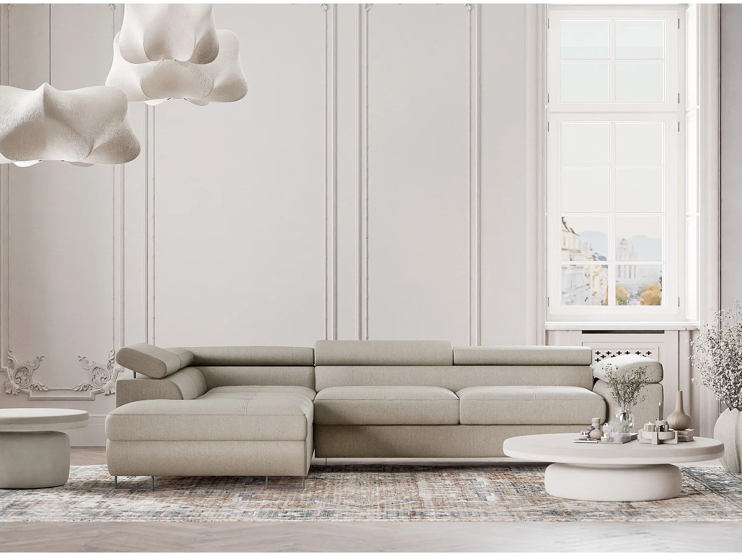 Canapé d'angle convertible Concord im tissu tresse - 5 places - beige