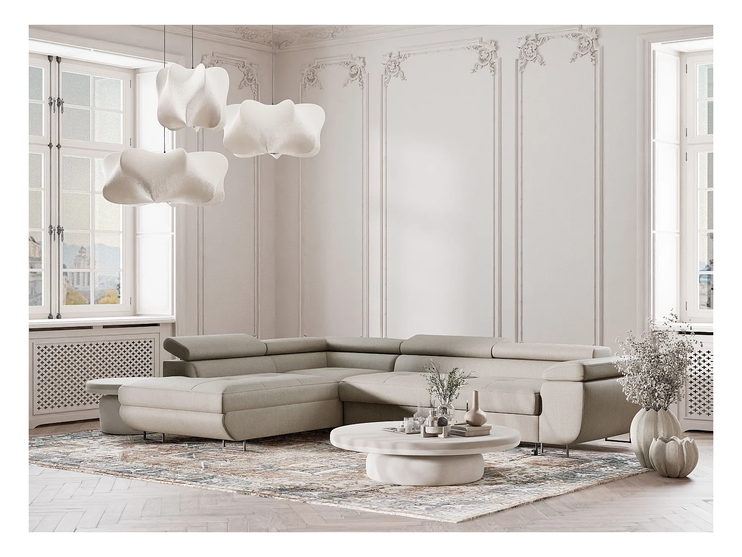 Canapé d'angle convertible Concord im tissu tresse - 5 places - beige