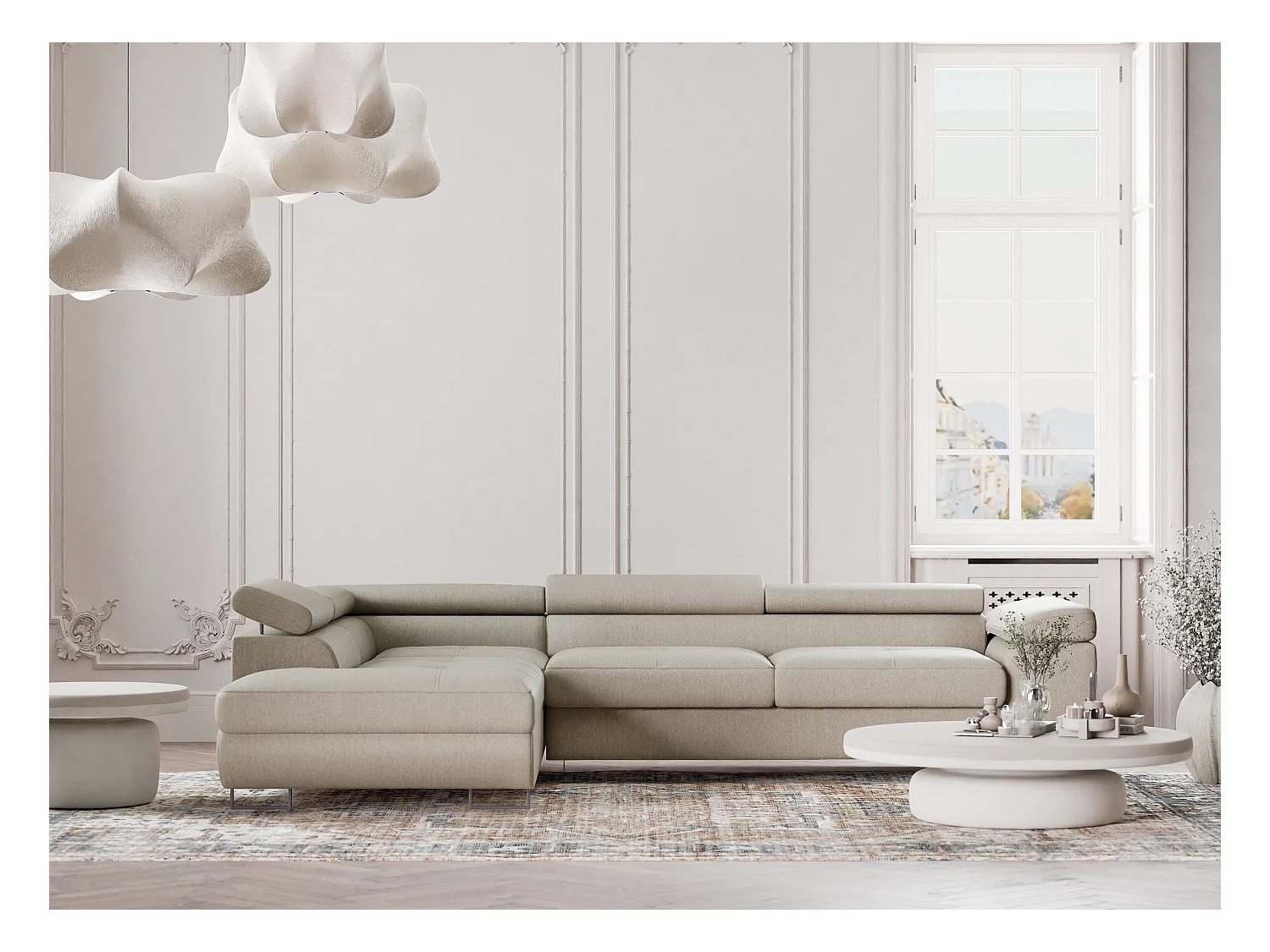 Canapé d'angle convertible Concord im tissu tresse - 5 places - beige