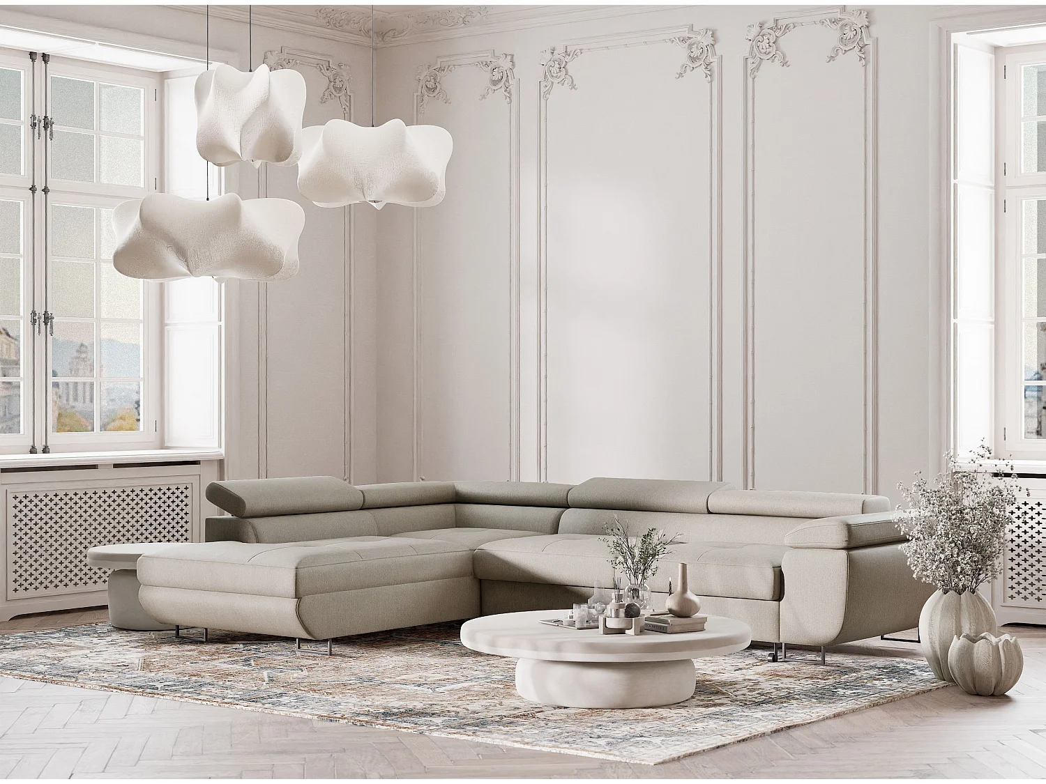 Canapé d'angle convertible Concord im tissu tresse - 5 places - beige