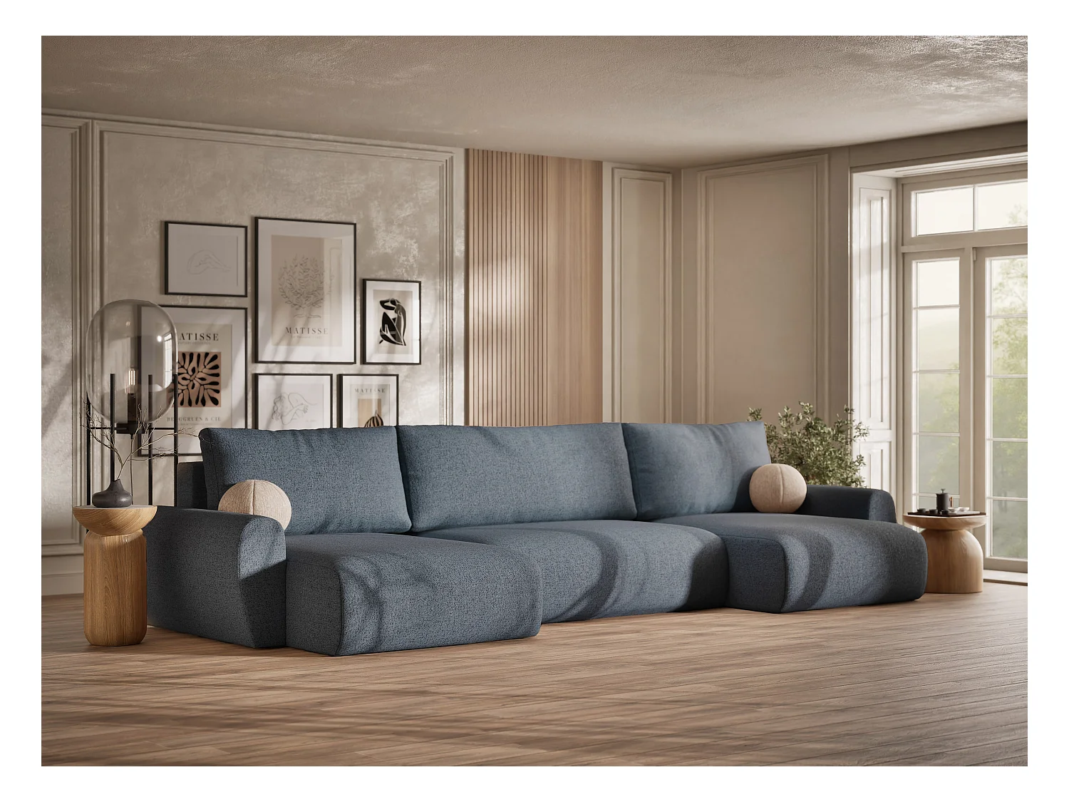 Sofa panoramiczna z funkcją spania Numba w tkaninie plecionej - sześcioosobowa - niebieskoszary
