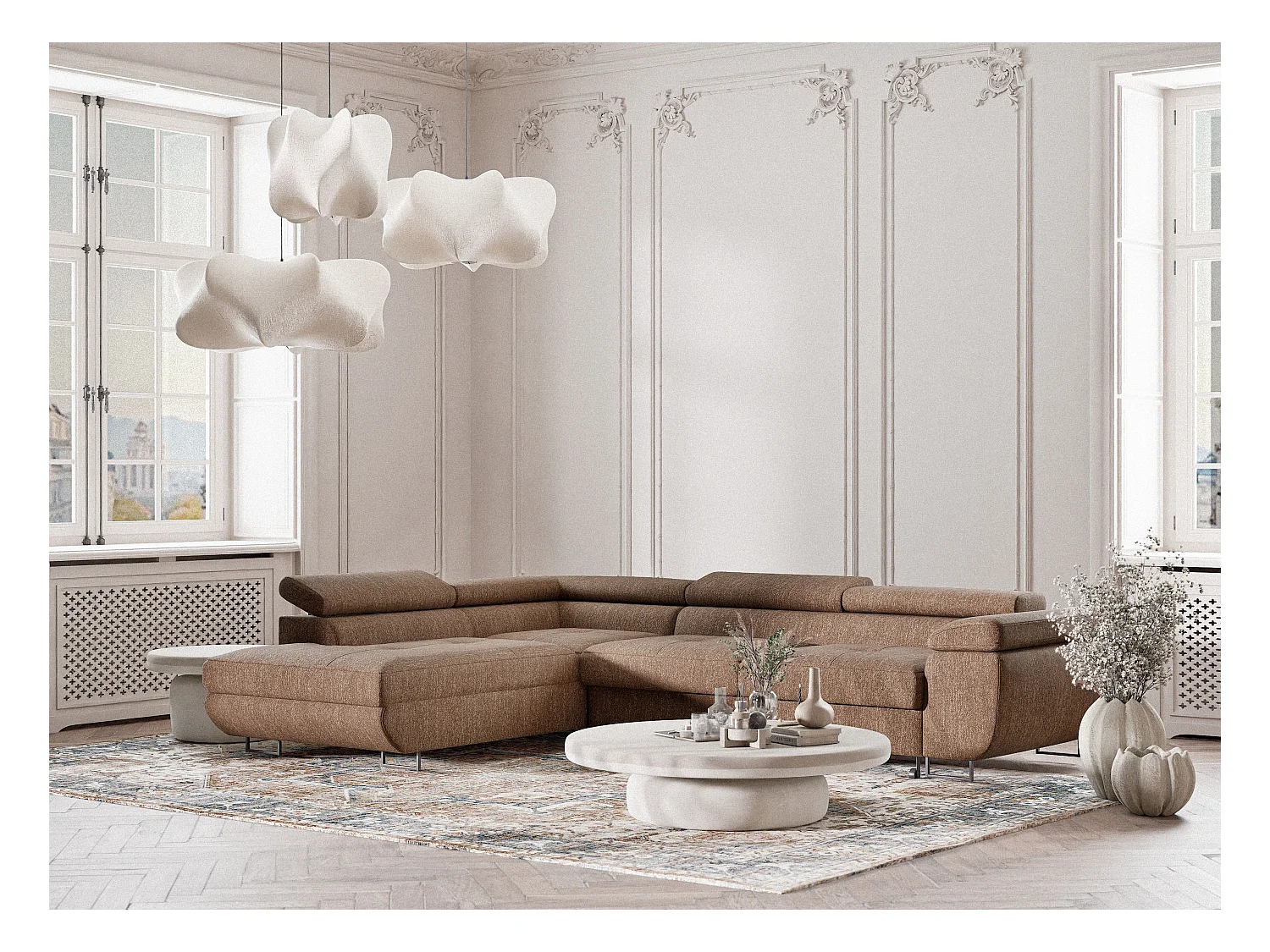 Canapé d'angle convertible Concord im tissu tresse - 5 places - brun