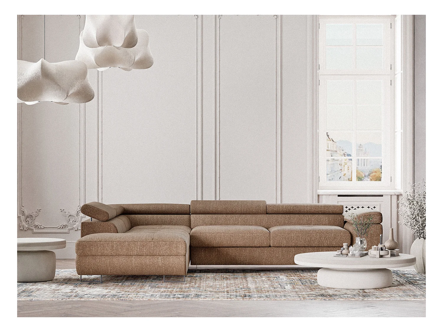 Canapé d'angle convertible Concord im tissu tresse - 5 places - brun