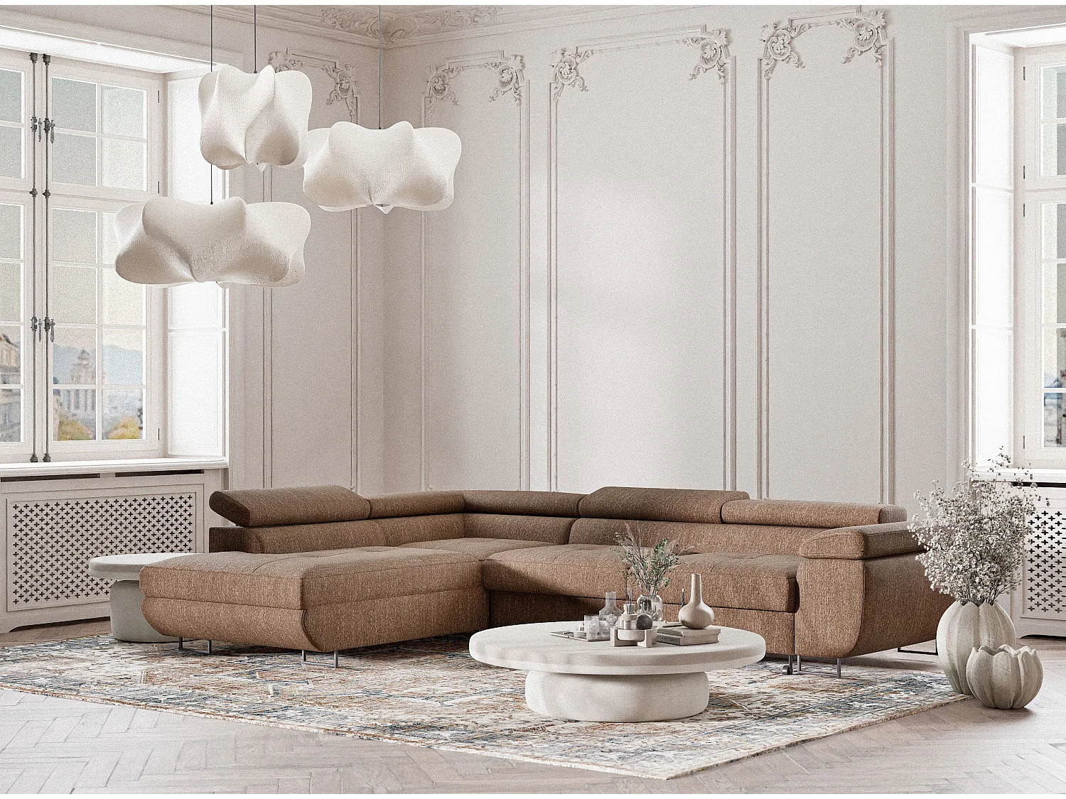 Canapé d'angle convertible Concord im tissu tresse - 5 places - brun