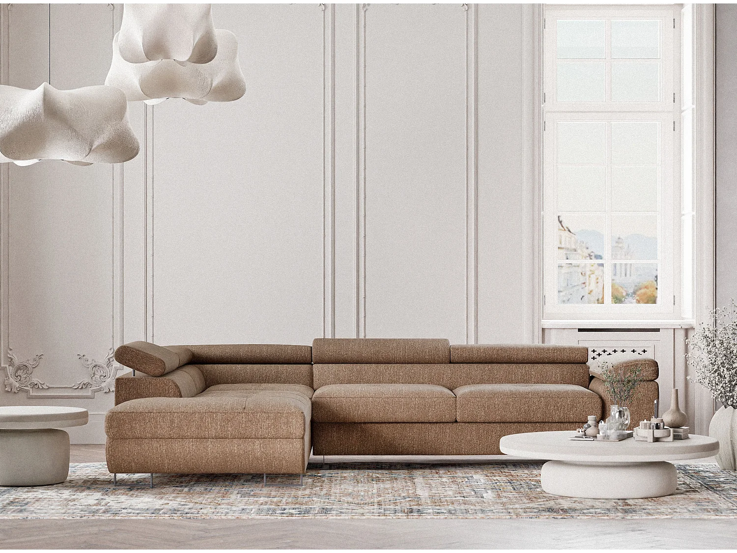 Canapé d'angle convertible Concord im tissu tresse - 5 places - brun