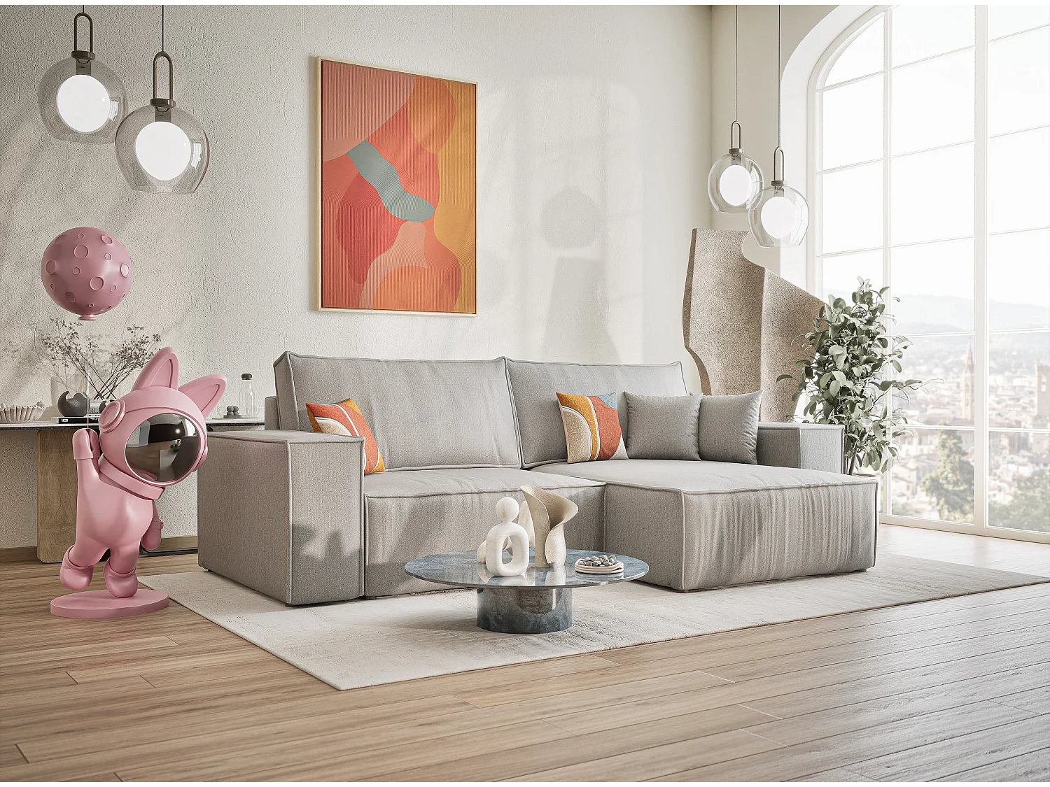 Canapé d'angle convertible Zaya im tissu tresse - 3 places - gris clair