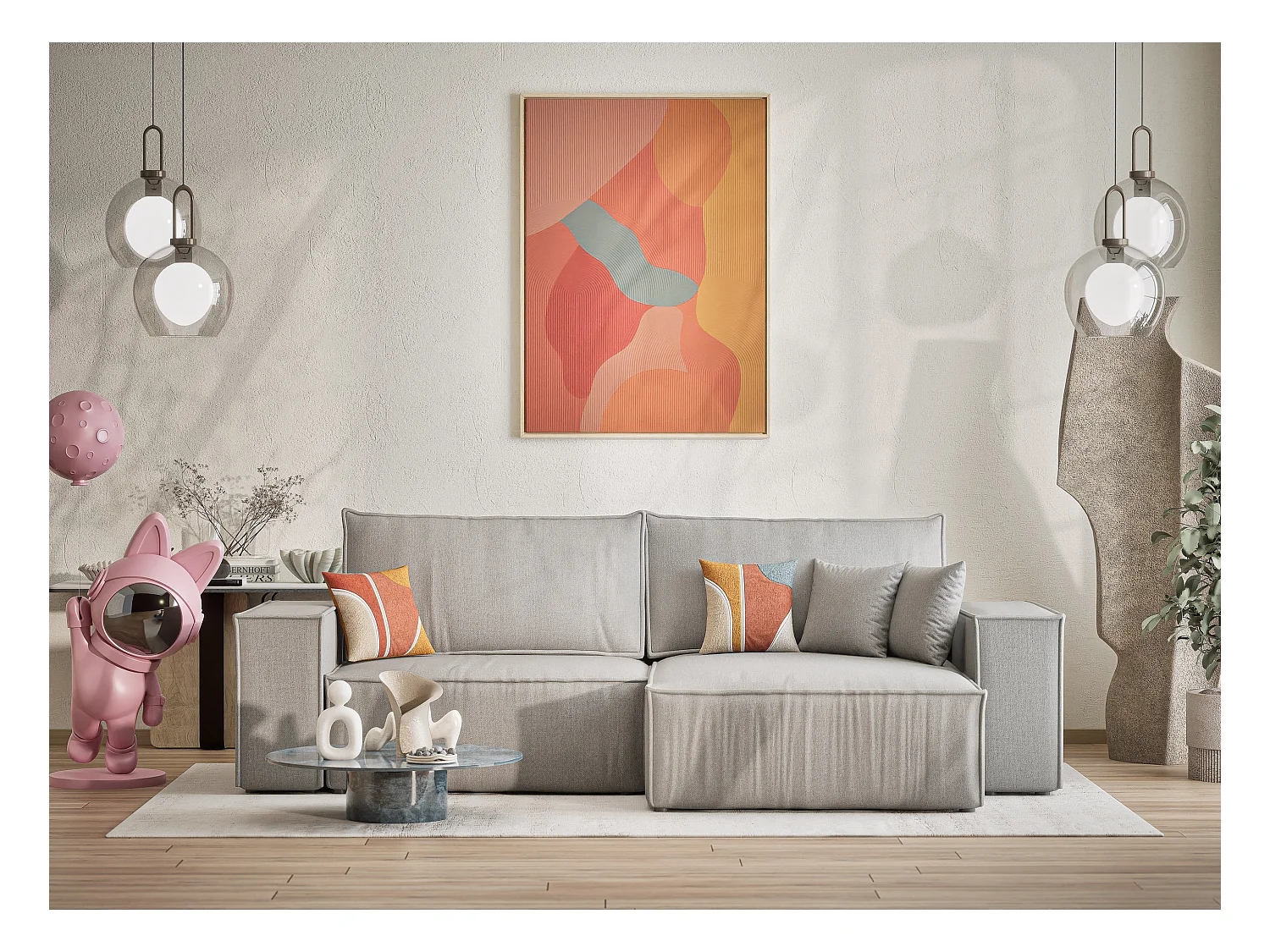 Canapé d'angle convertible Zaya im tissu tresse - 3 places - gris clair