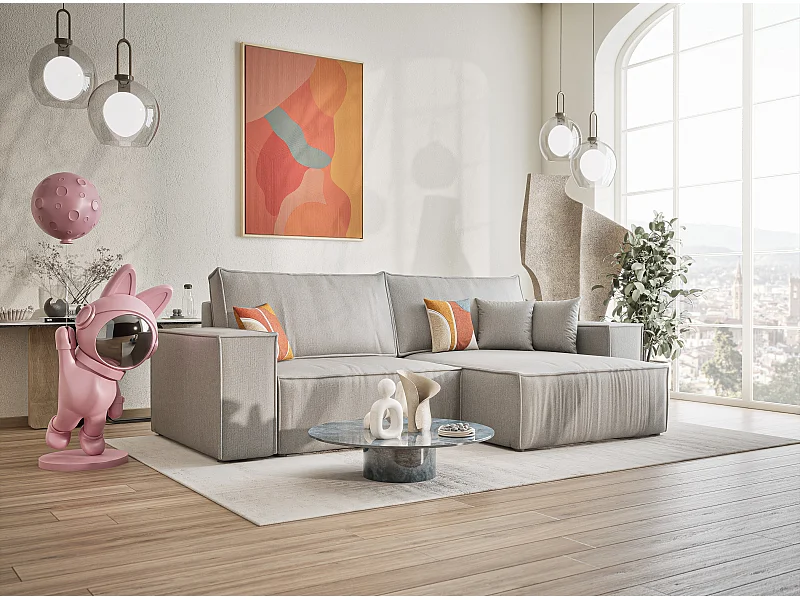 Canapé d'angle convertible Zaya im tissu tresse - 3 places - gris clair