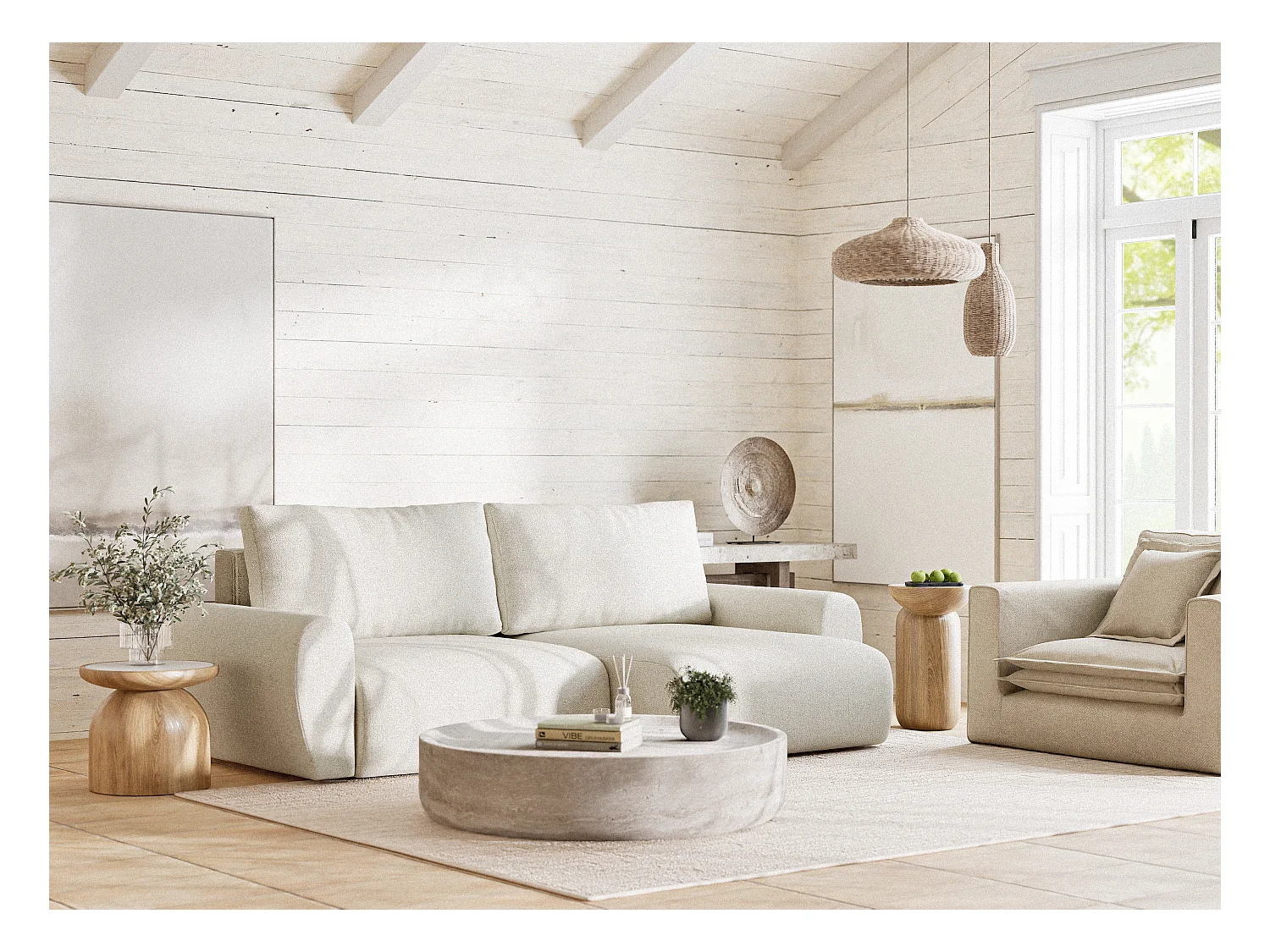 Ecksofa mit Schlaffunktion Numba aus Webstoff - Drei-Personen - creme