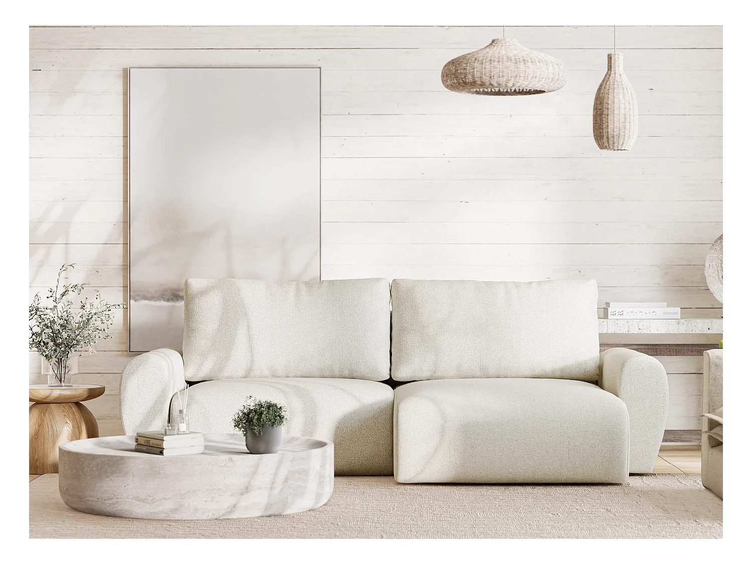 Ecksofa mit Schlaffunktion Numba aus Webstoff - Drei-Personen - creme