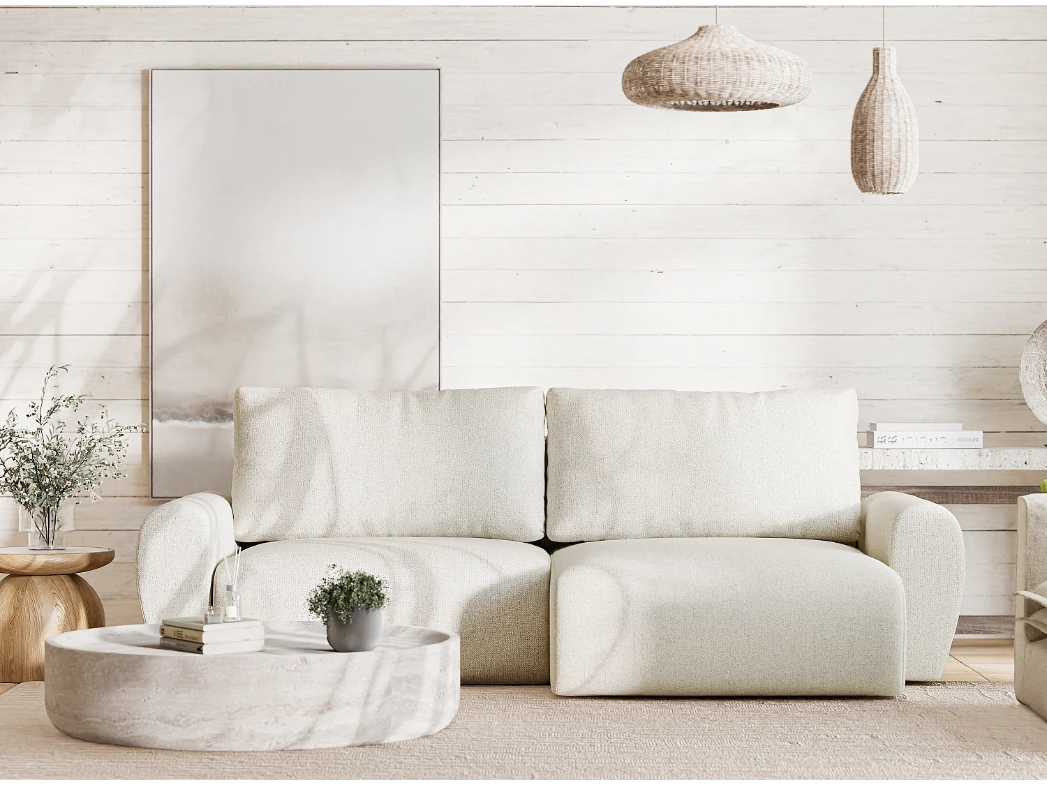 Ecksofa mit Schlaffunktion Numba aus Webstoff - Drei-Personen - creme