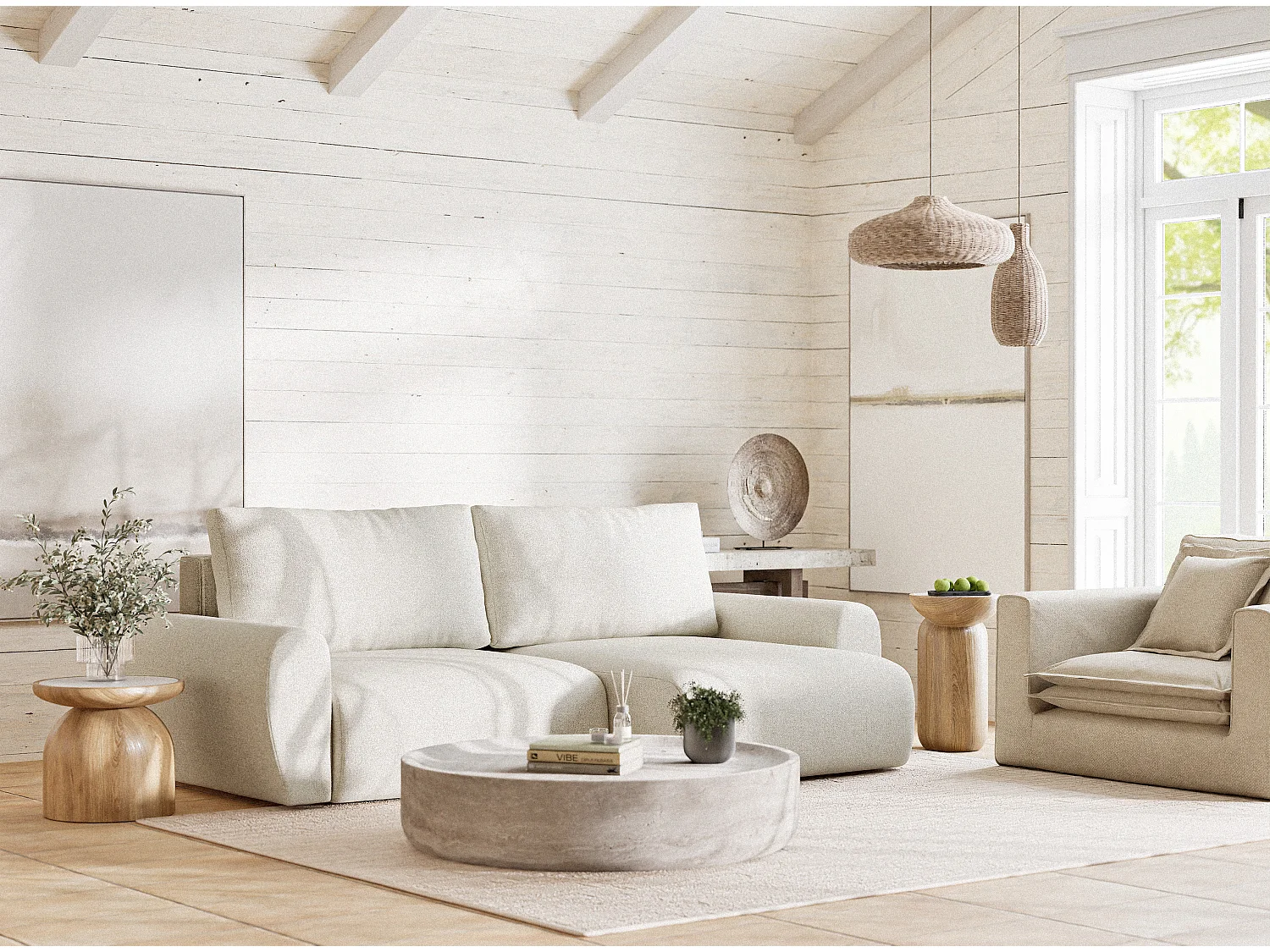 Ecksofa mit Schlaffunktion Numba aus Webstoff - Drei-Personen - creme