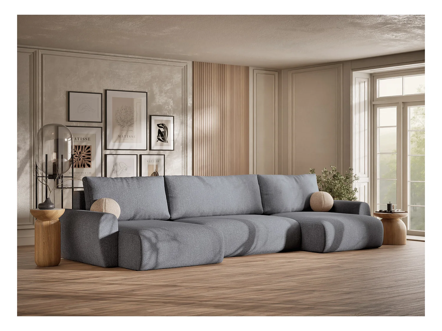 Sofa panoramiczna z funkcją spania Numba w tkaninie plecionej - sześcioosobowa - szary