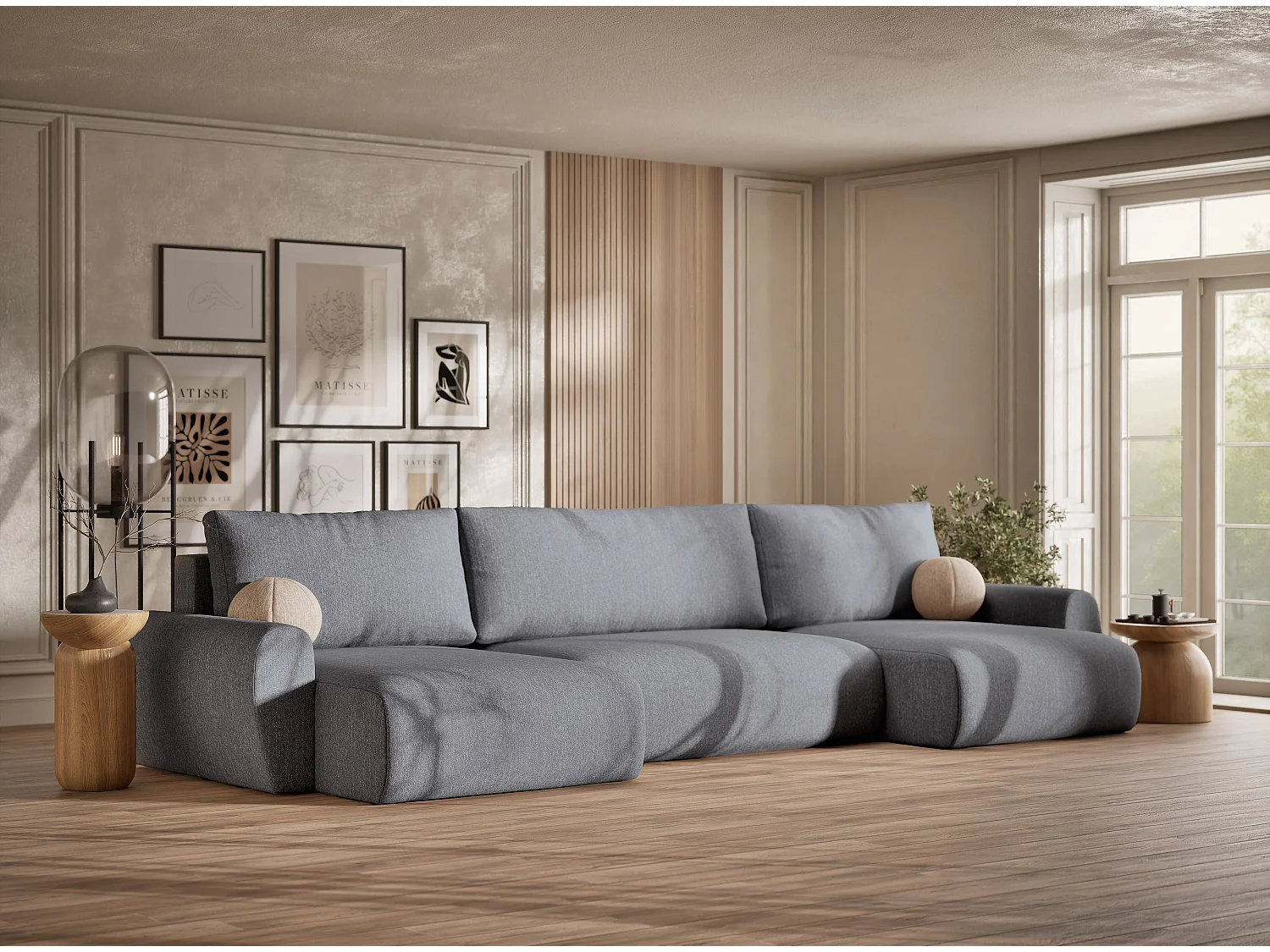 Canapé panoramique convertible Numba im tissu tresse - 6 places - gris