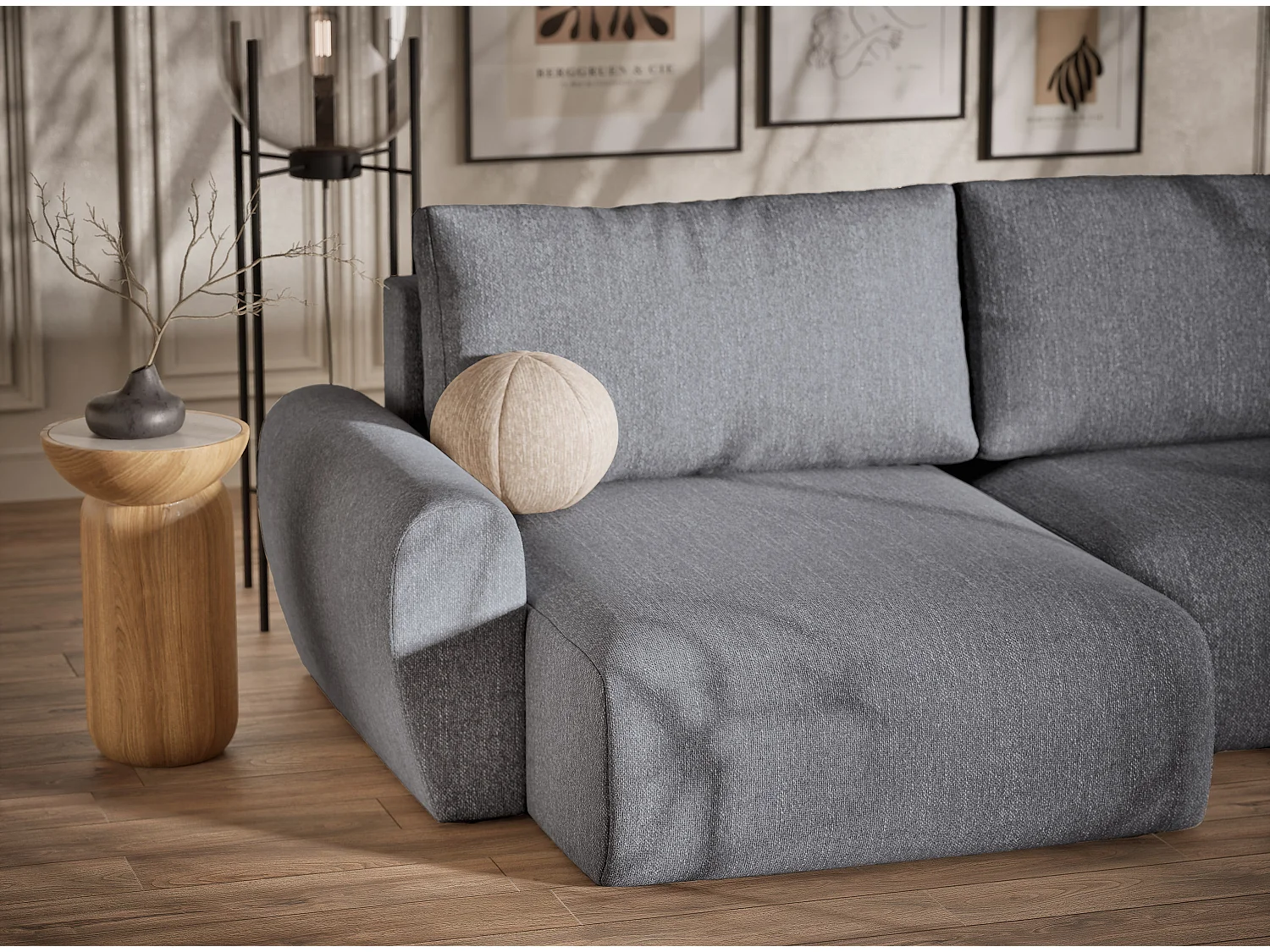 Canapé panoramique convertible Numba im tissu tresse - 6 places - gris