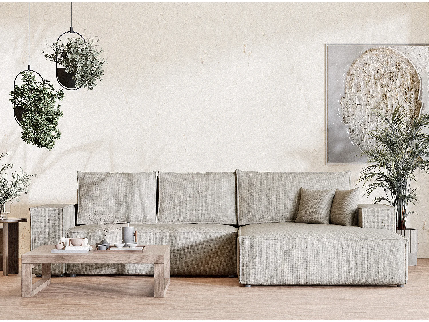 Canapé d'angle convertible Maze im tissu tresse - 5 places - beige