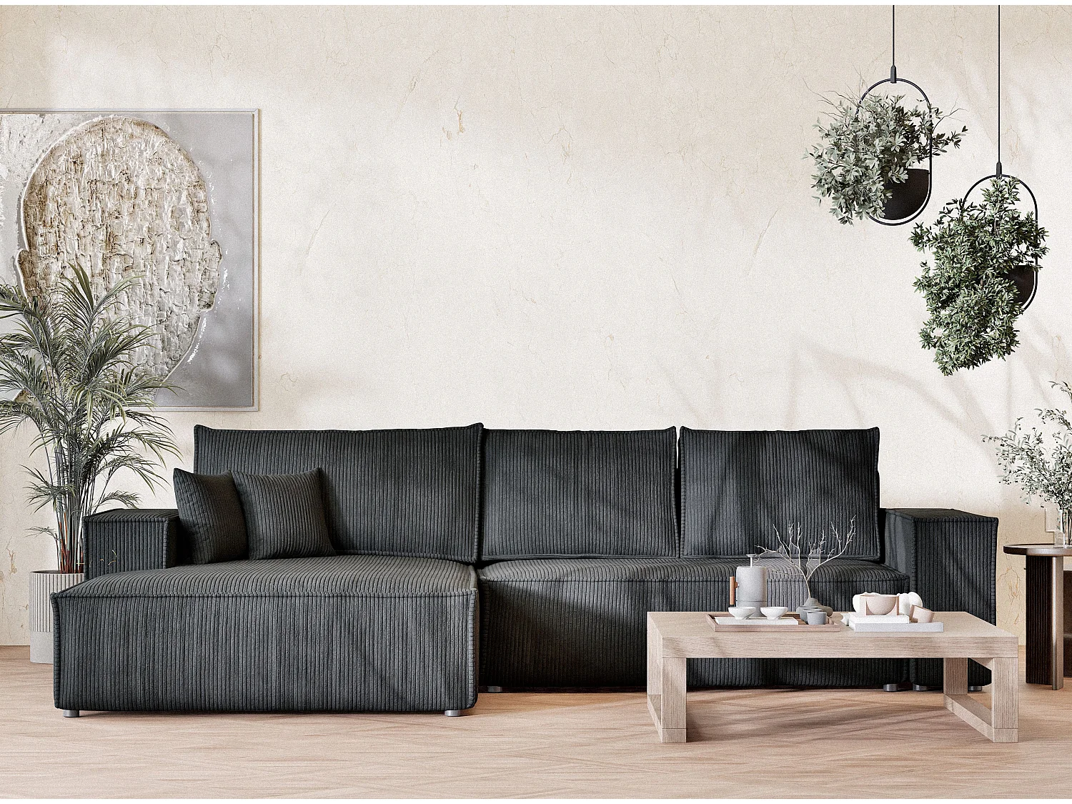 Canapé d'angle convertible Maze im tissu tresse - 5 places - anthracite