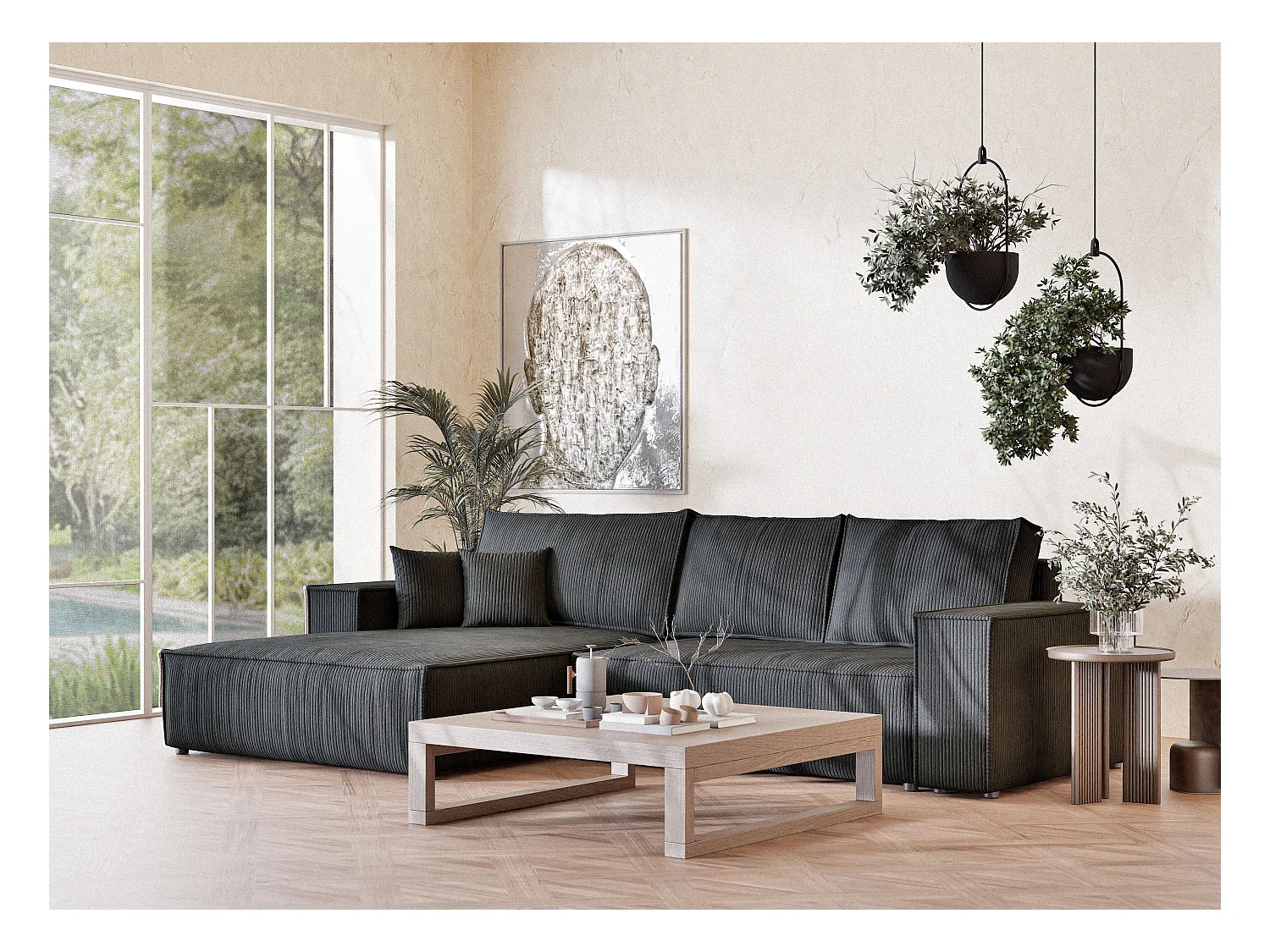 Canapé d'angle convertible Maze im tissu tresse - 5 places - anthracite