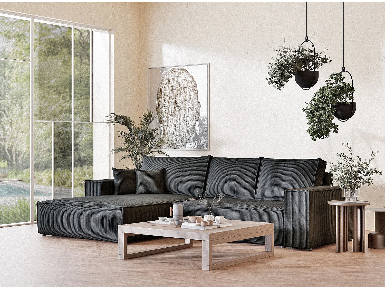 Canapé d'angle convertible Maze im tissu tresse - 5 places - anthracite