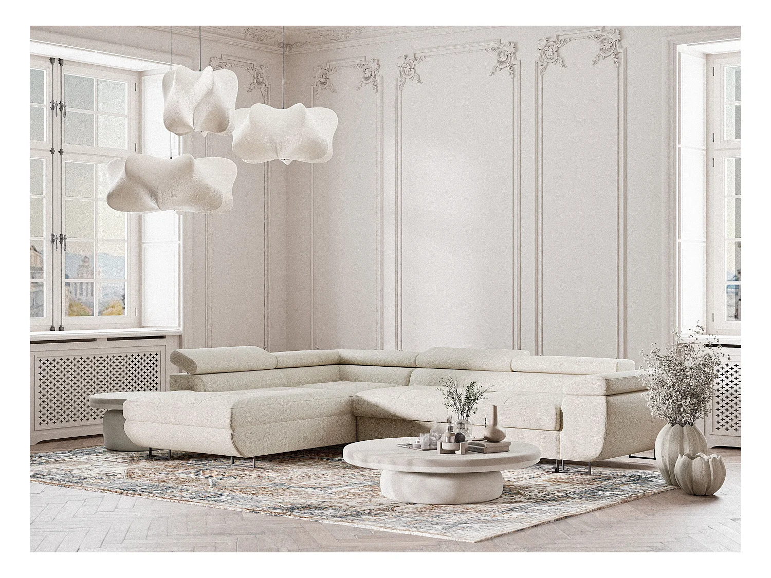 Hoekbank met slaapfunctie Concord in geweven stof - Vierpersoons - creme