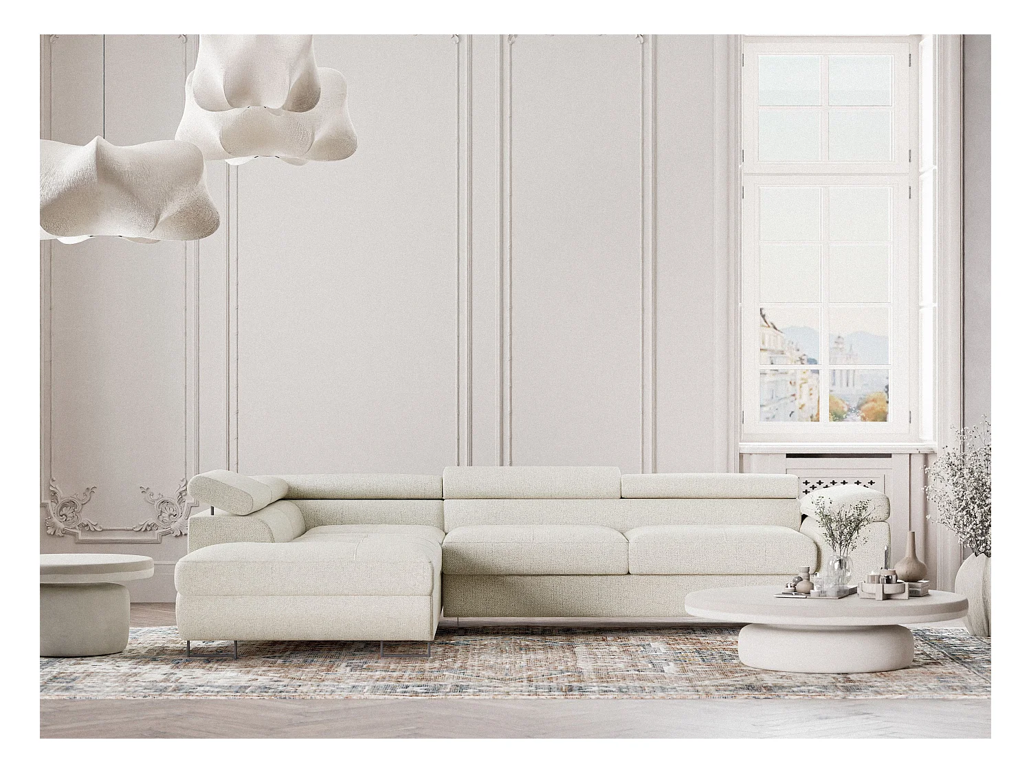 Hoekbank met slaapfunctie Concord in geweven stof - Vierpersoons - creme