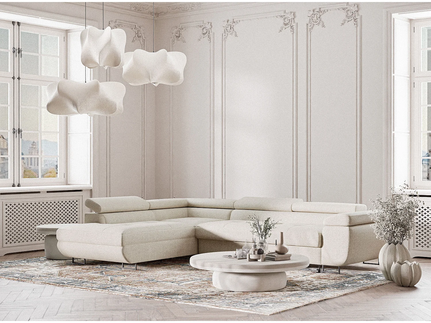 Canapé d'angle convertible Concord im tissu tresse - 5 places - creme