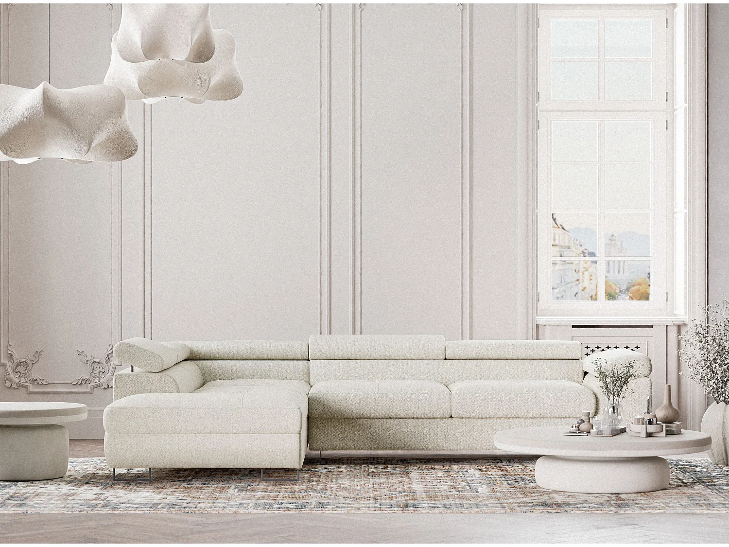 Canapé d'angle convertible Concord im tissu tresse - 5 places - creme