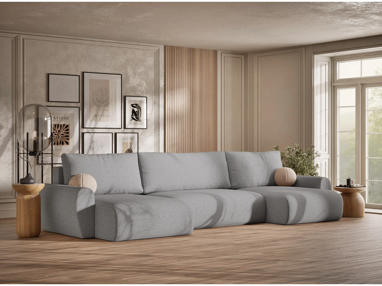 Canapé panoramique convertible Numba im tissu tresse - 6 places - gris clair