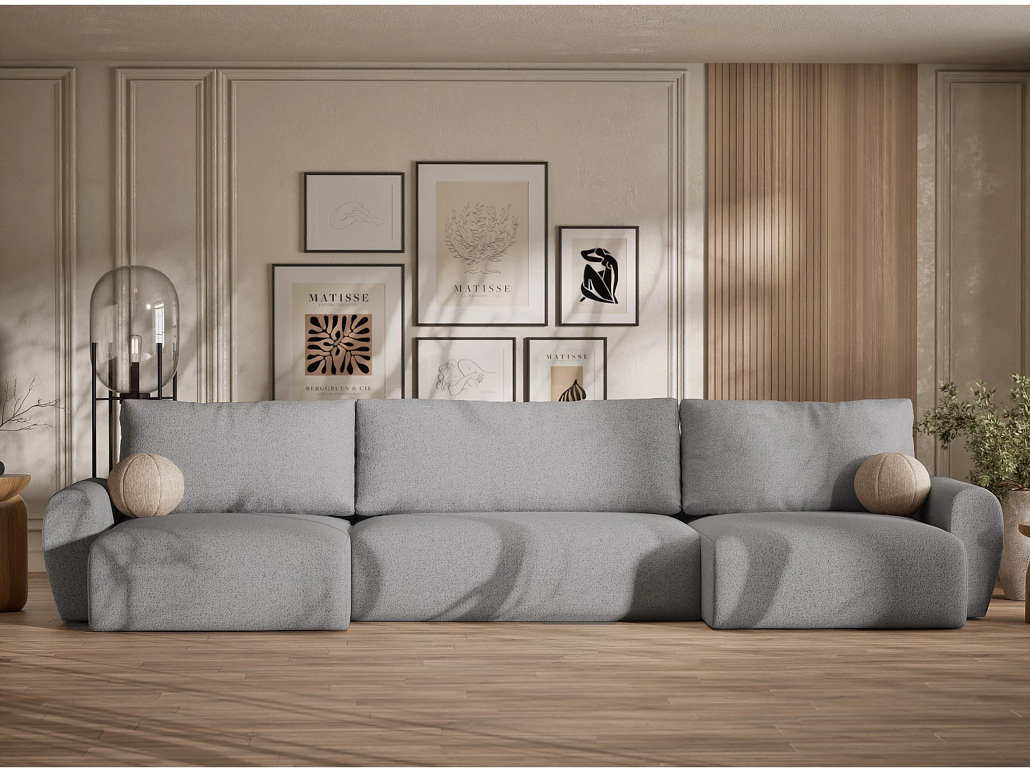 Canapé panoramique convertible Numba im tissu tresse - 6 places - gris clair