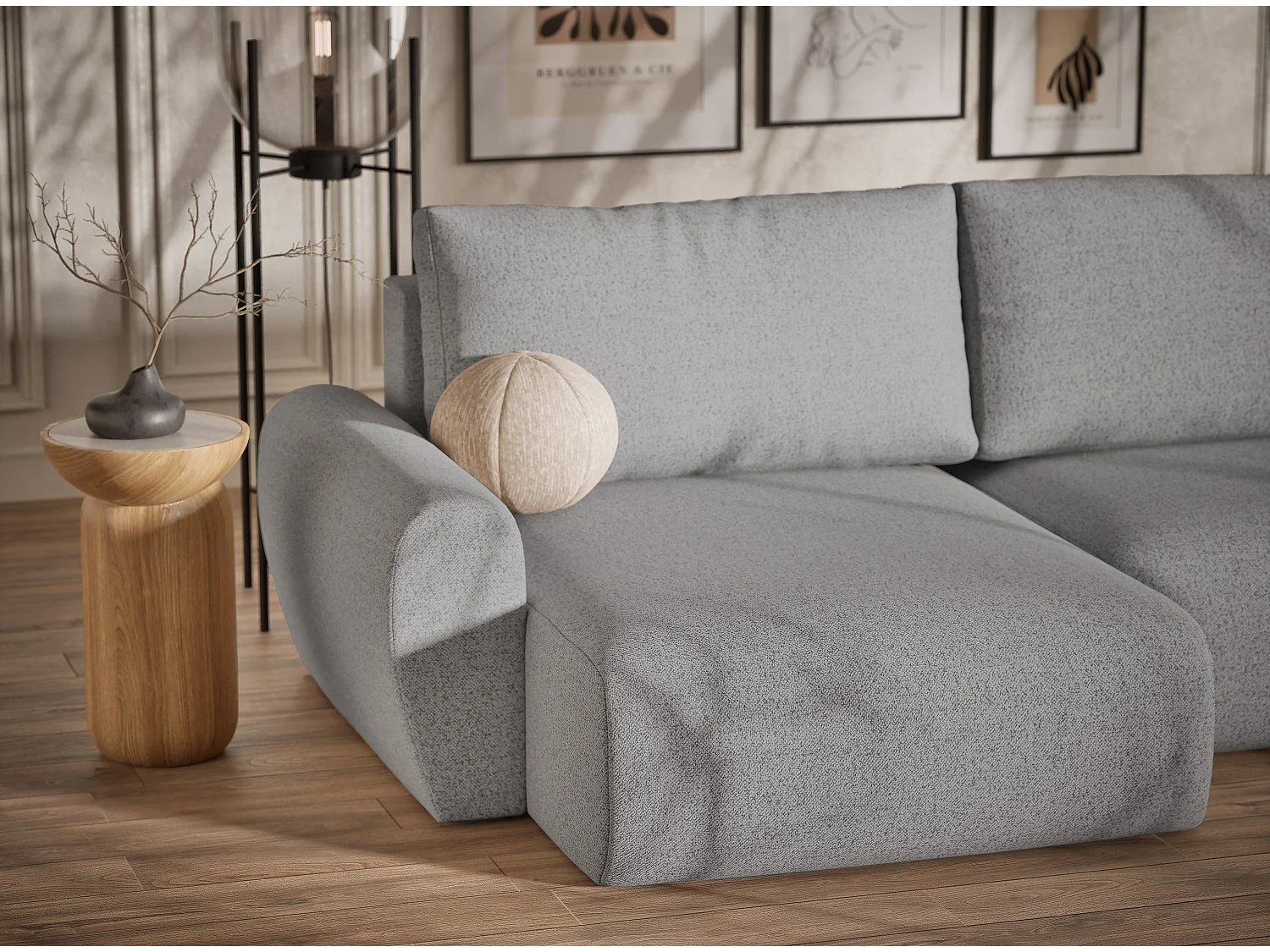 Canapé panoramique convertible Numba im tissu tresse - 6 places - gris clair