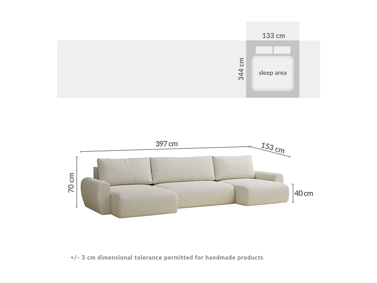 Canapé panoramique convertible Numba im tissu tresse - 6 places - gris clair