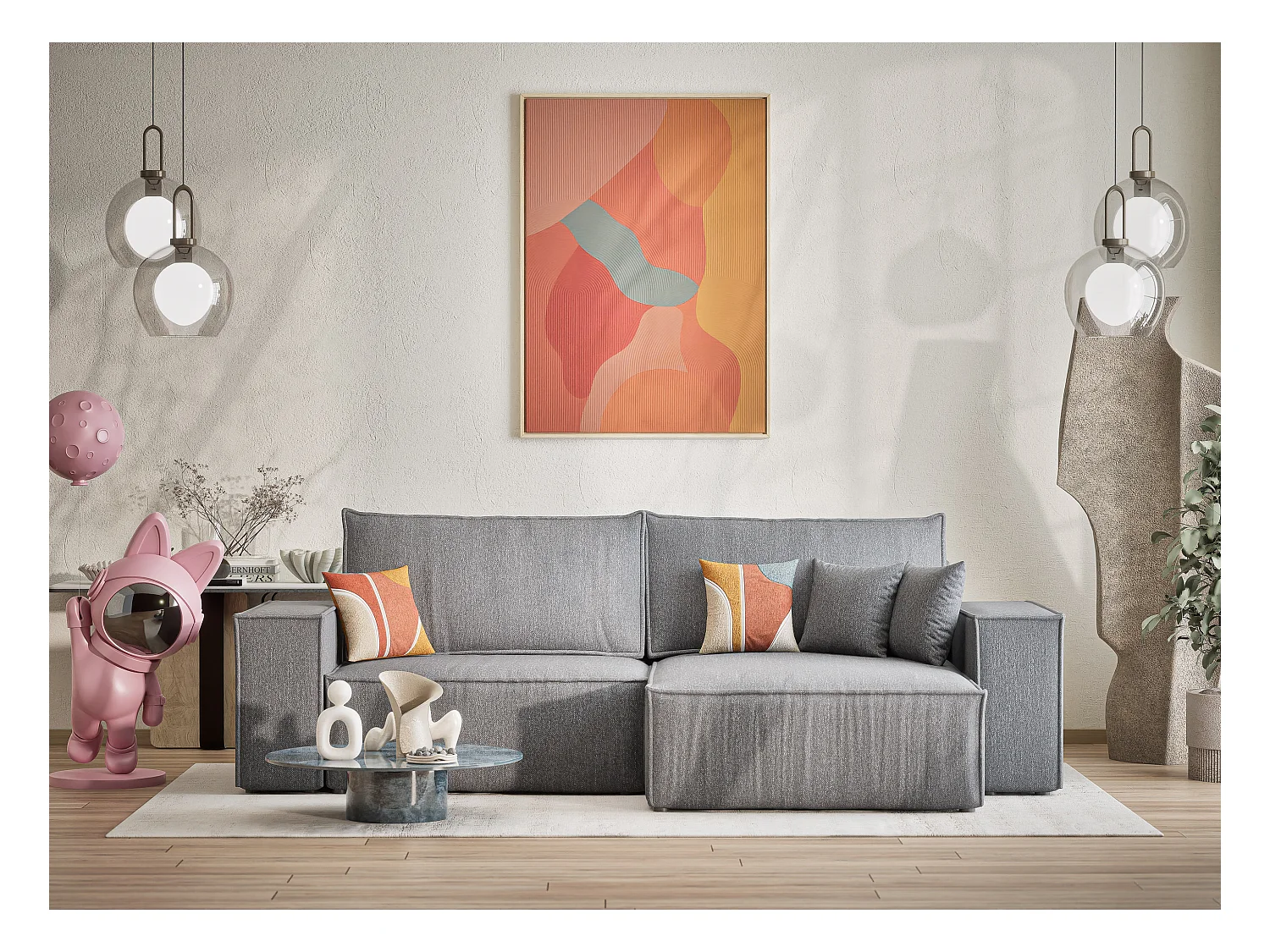 Canapé d'angle convertible Zaya im tissu tresse - 3 places - gris