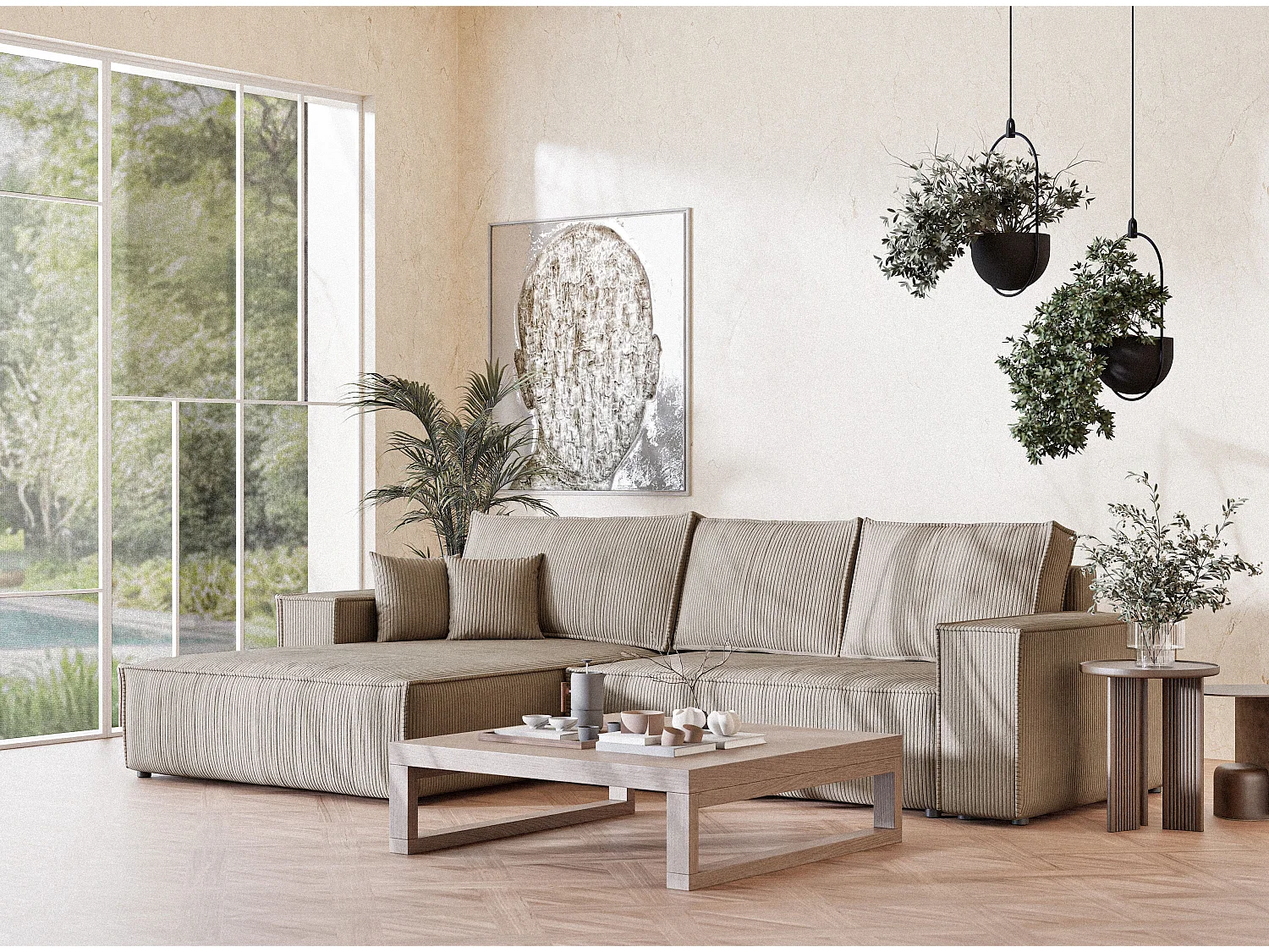 Canapé d'angle convertible Maze im tissu tresse - 5 places - beige