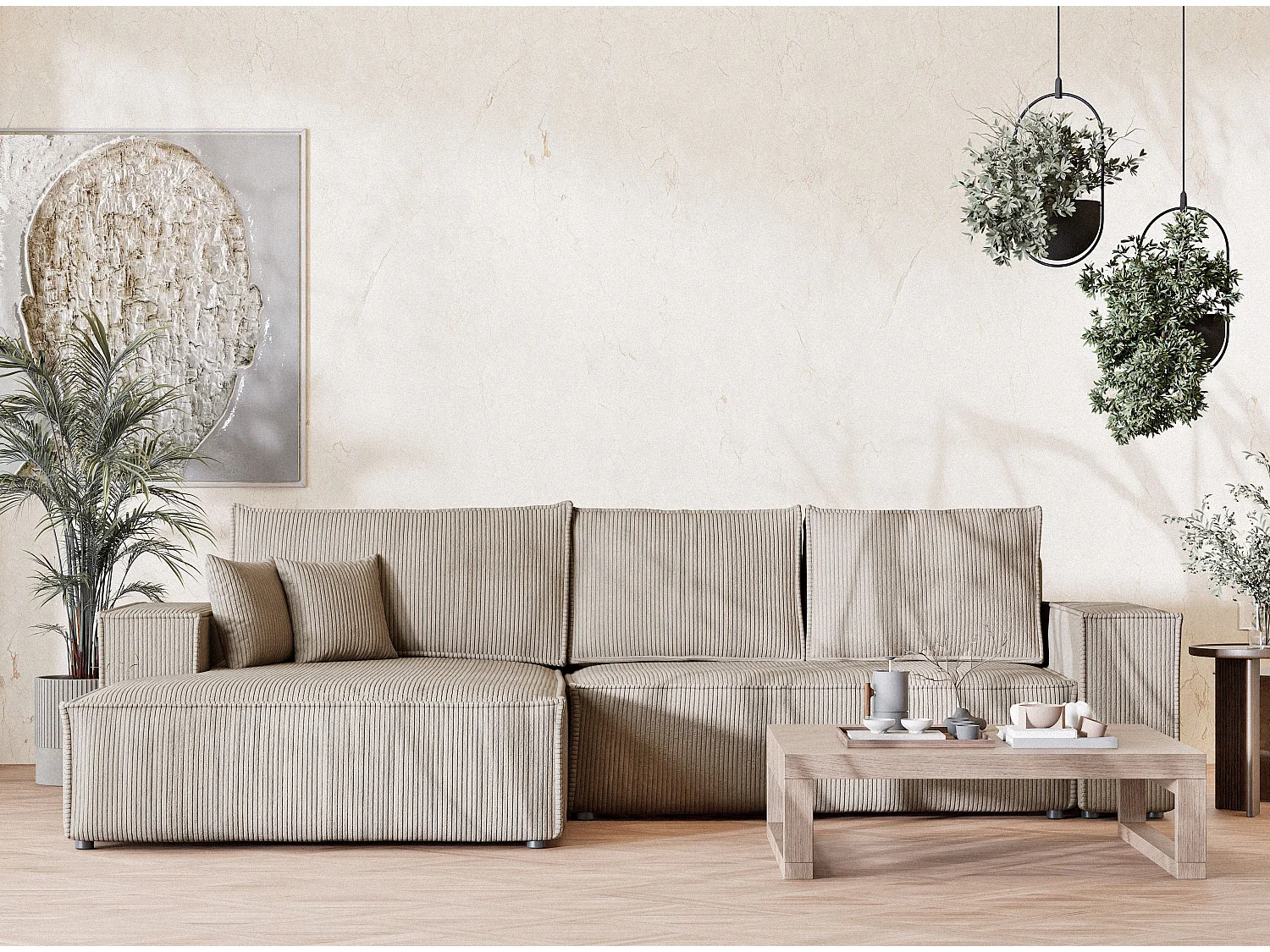 Canapé d'angle convertible Maze im tissu tresse - 5 places - beige