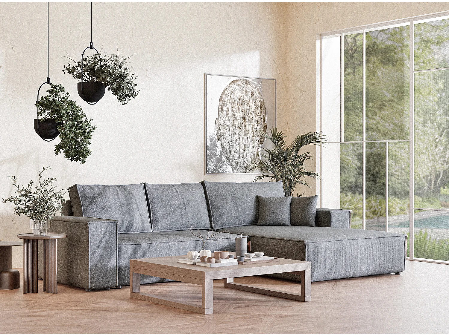 Canapé d'angle convertible Maze im tissu tresse - 5 places - gris