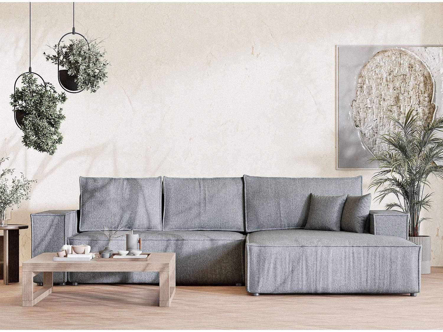 Canapé d'angle convertible Maze im tissu tresse - 5 places - gris