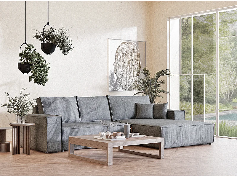 Canapé d'angle convertible Maze im tissu tresse - 5 places - gris