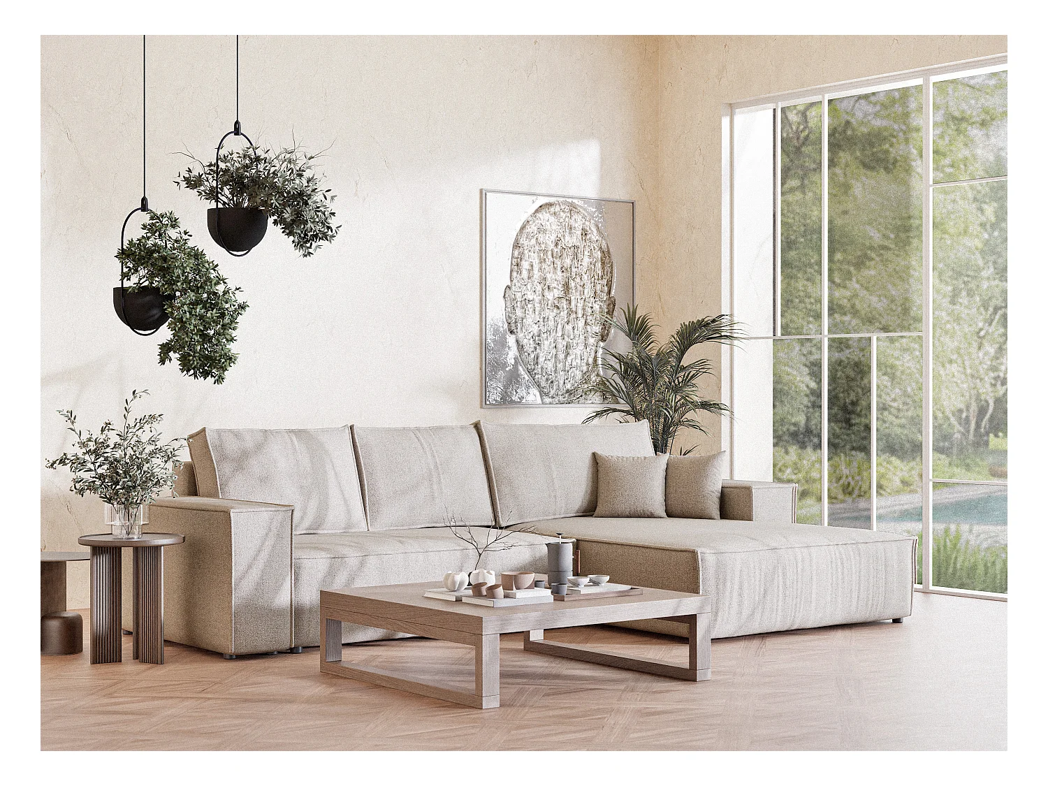 Canapé d'angle convertible Maze im tissu tresse - 5 places - beige clair