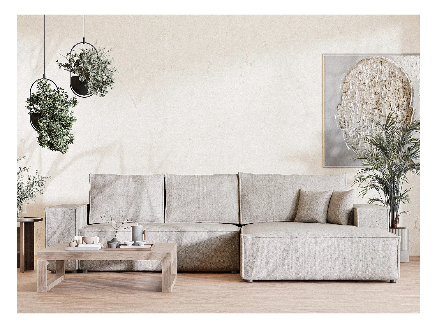 Canapé d'angle convertible Maze im tissu tresse - 5 places - beige clair
