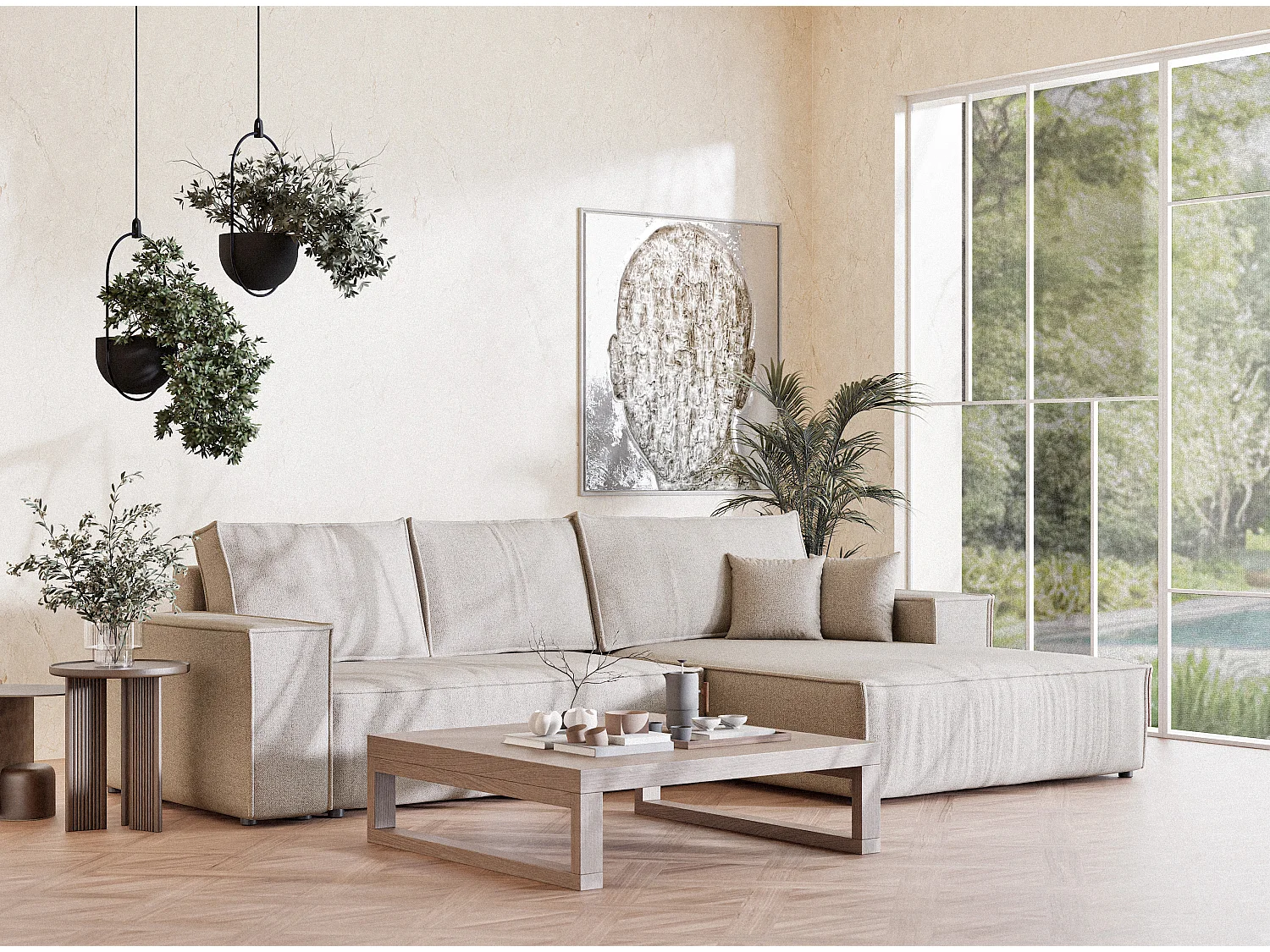 Ecksofa mit Schlaffunktion Maze aus Webstoff - Fünf-Personen - hellbeige