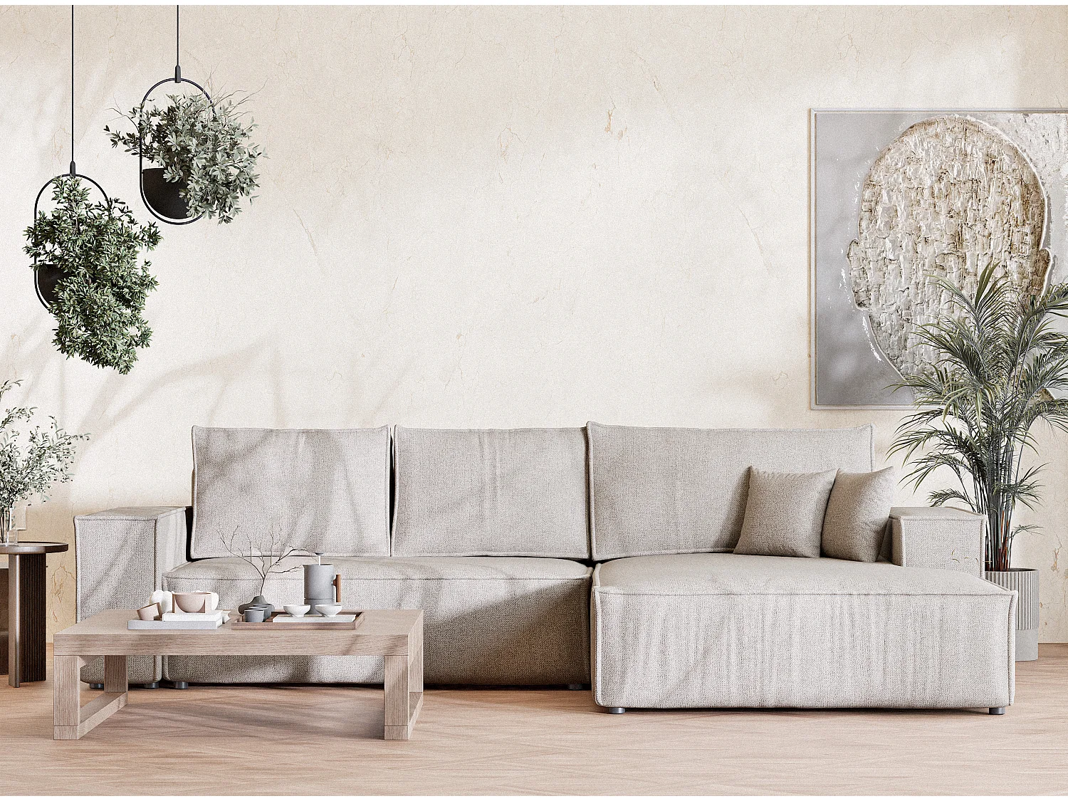 Ecksofa mit Schlaffunktion Maze aus Webstoff - Fünf-Personen - hellbeige