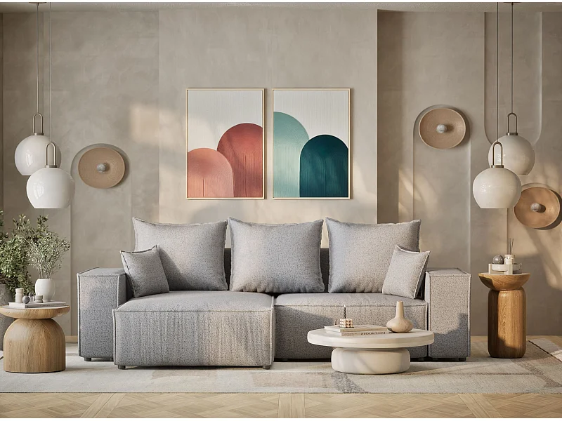 Ecksofa mit Schlaffunktion Moyo aus Webstoff - Drei-Personen - hellgrau