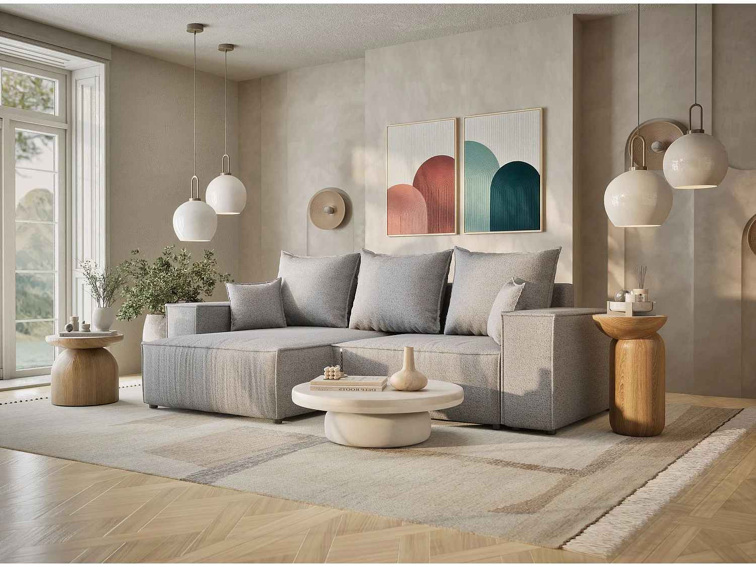 Canapé d'angle convertible Moyo im tissu tresse - 3 places - gris clair