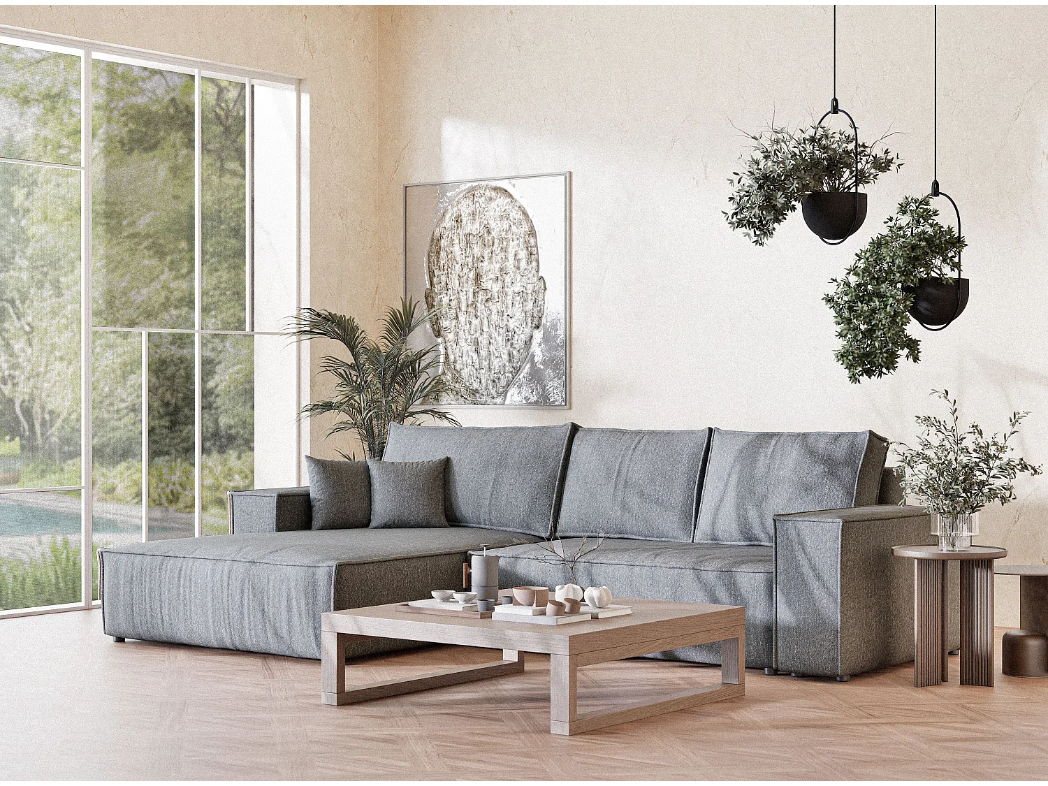 Canapé d'angle convertible Maze im tissu tresse - 5 places - gris