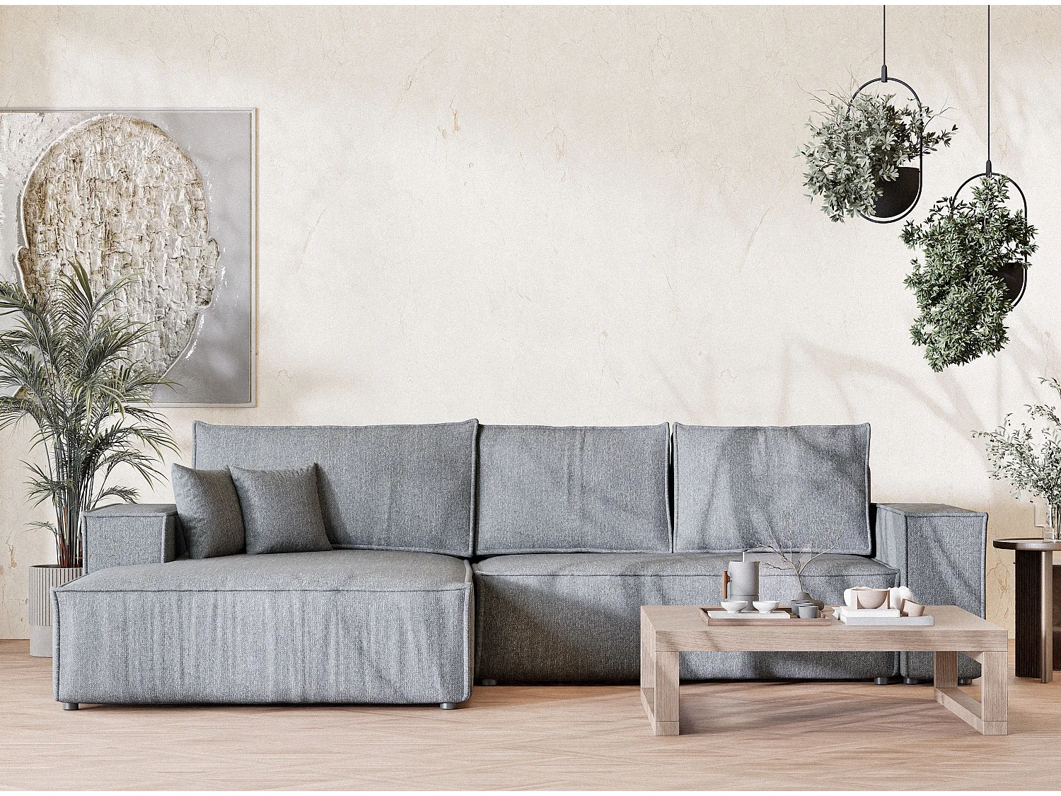 Canapé d'angle convertible Maze im tissu tresse - 5 places - gris