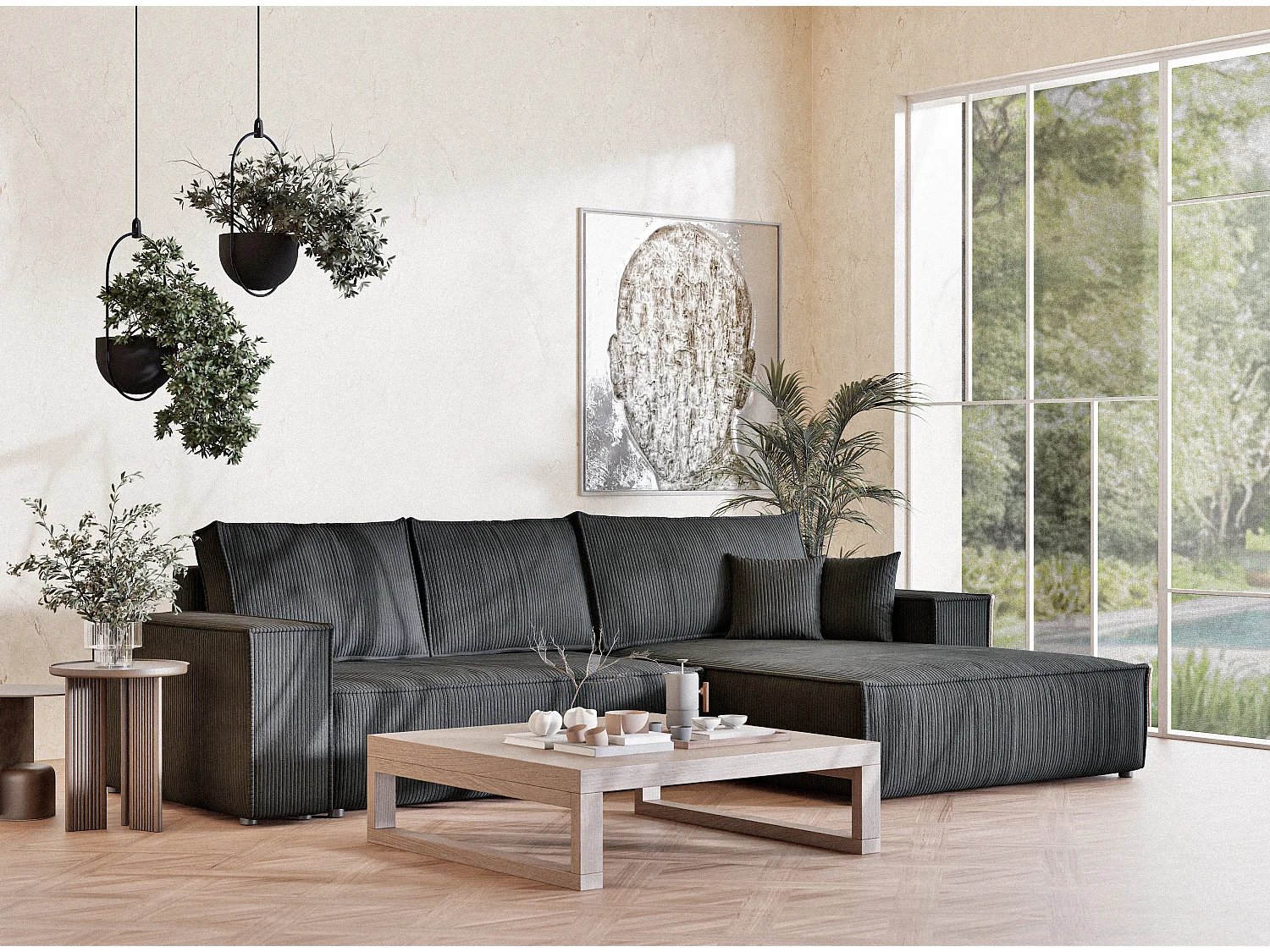 Canapé d'angle convertible Maze im tissu tresse - 5 places - anthracite