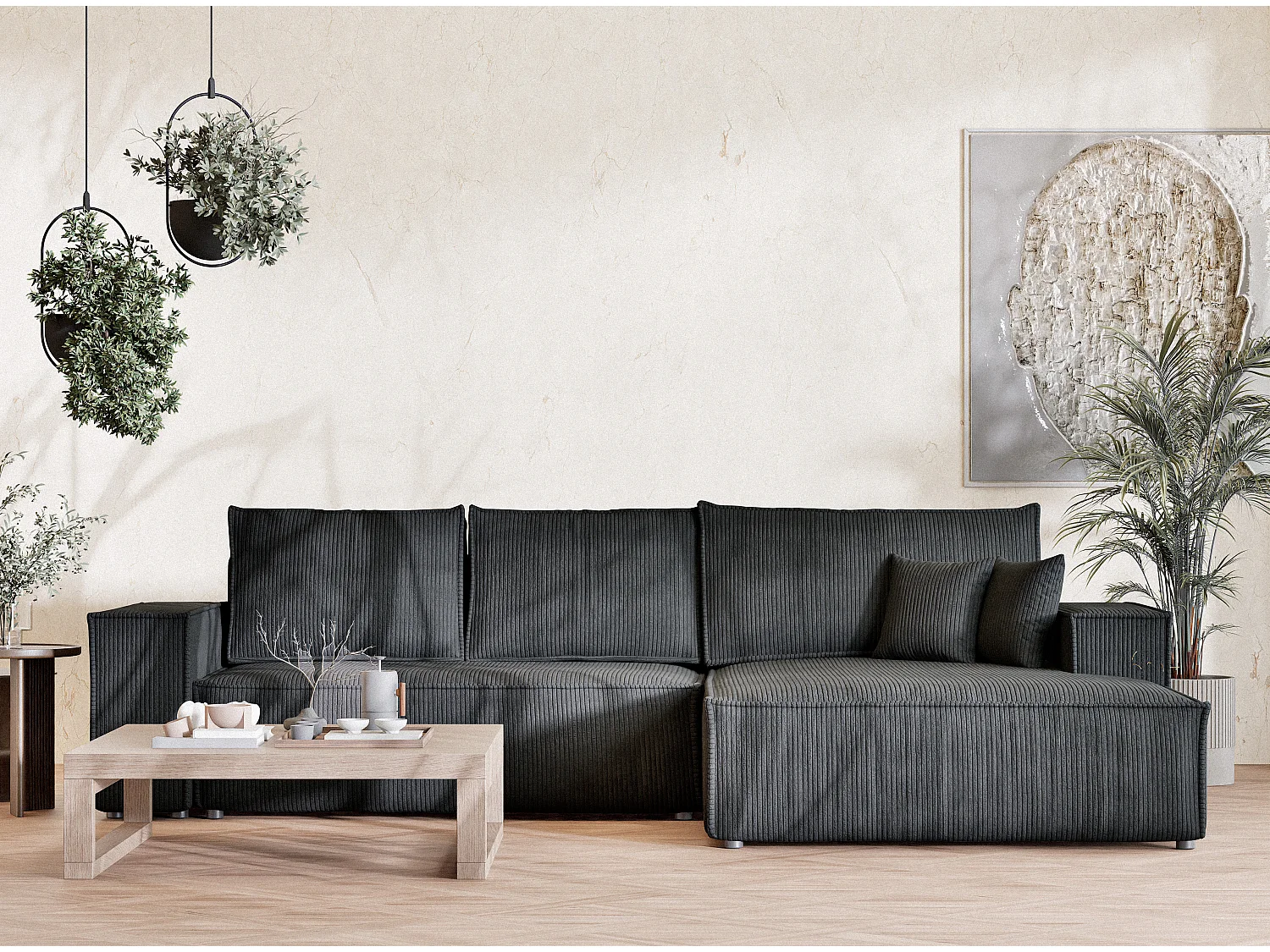 Canapé d'angle convertible Maze im tissu tresse - 5 places - anthracite